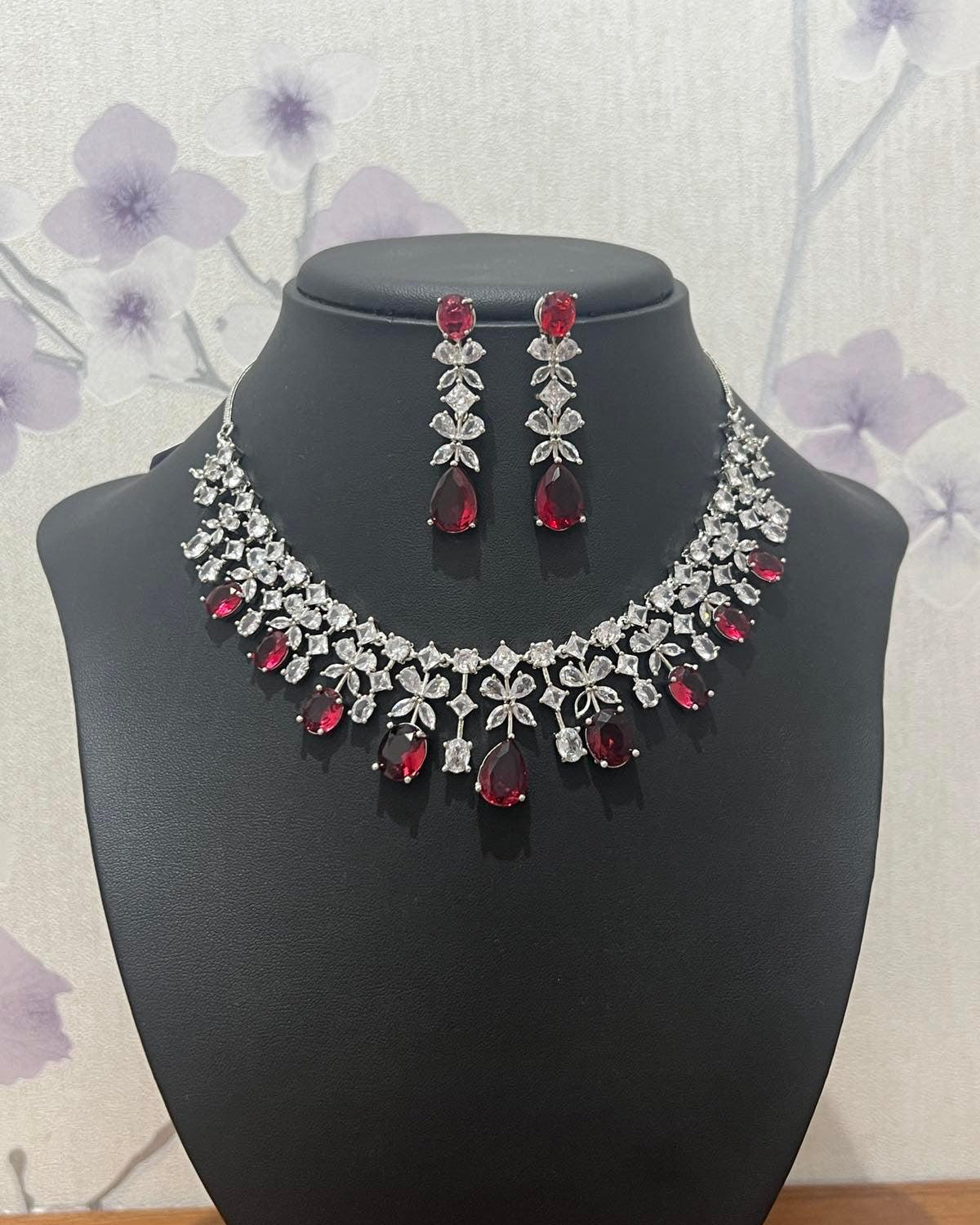 Red American Diamond Necklace Set - Boutique Nepal