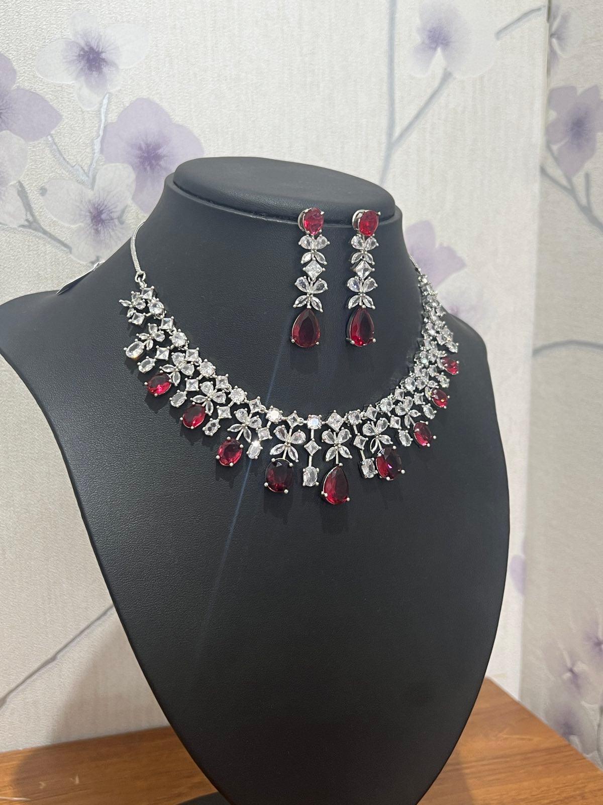 Red American Diamond Necklace Set - Boutique Nepal