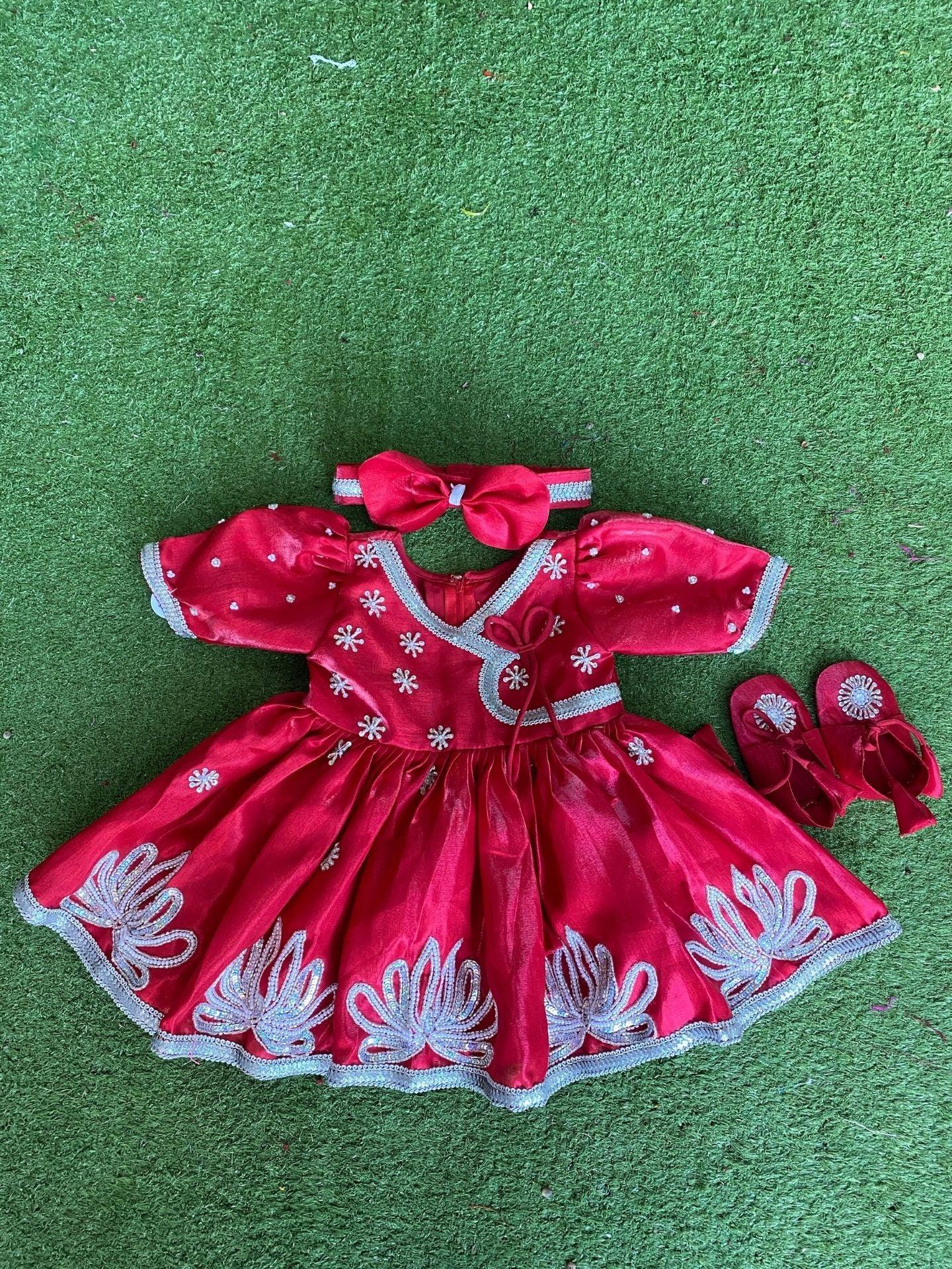 Red Baby Girls Pasni Set In Silver Handwork - Boutique Nepal