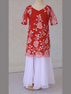 Red Designer Kids Sharara Kurta Set with Flower Embroidery 8-12 years - Boutique Nepal