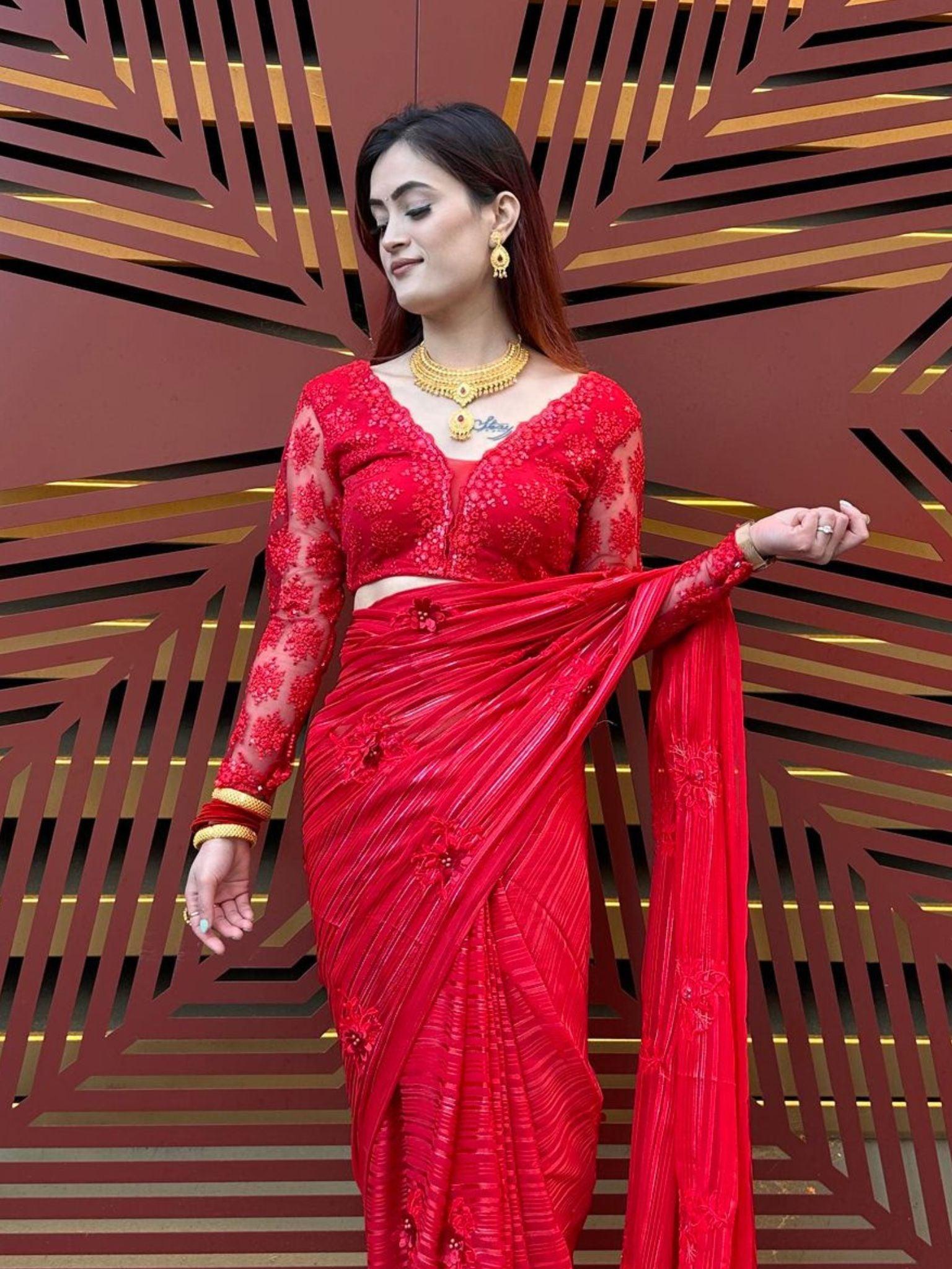 Red lace Saree wit full sleeve blouse | Designs for dresses, Blouse designs  catalogue, Full sleeve blouse