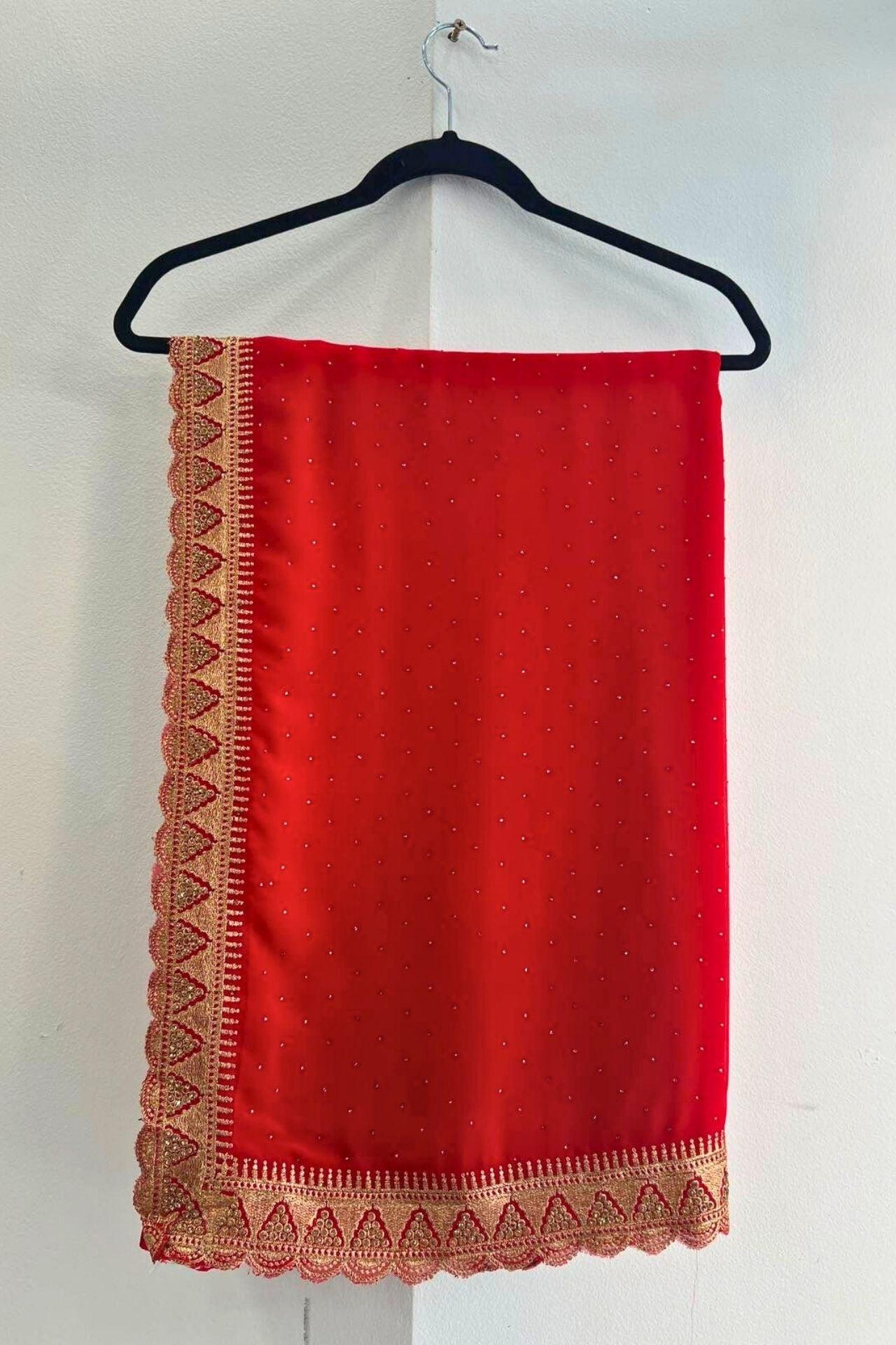 Red Saree With Zari Work - Boutique Nepal