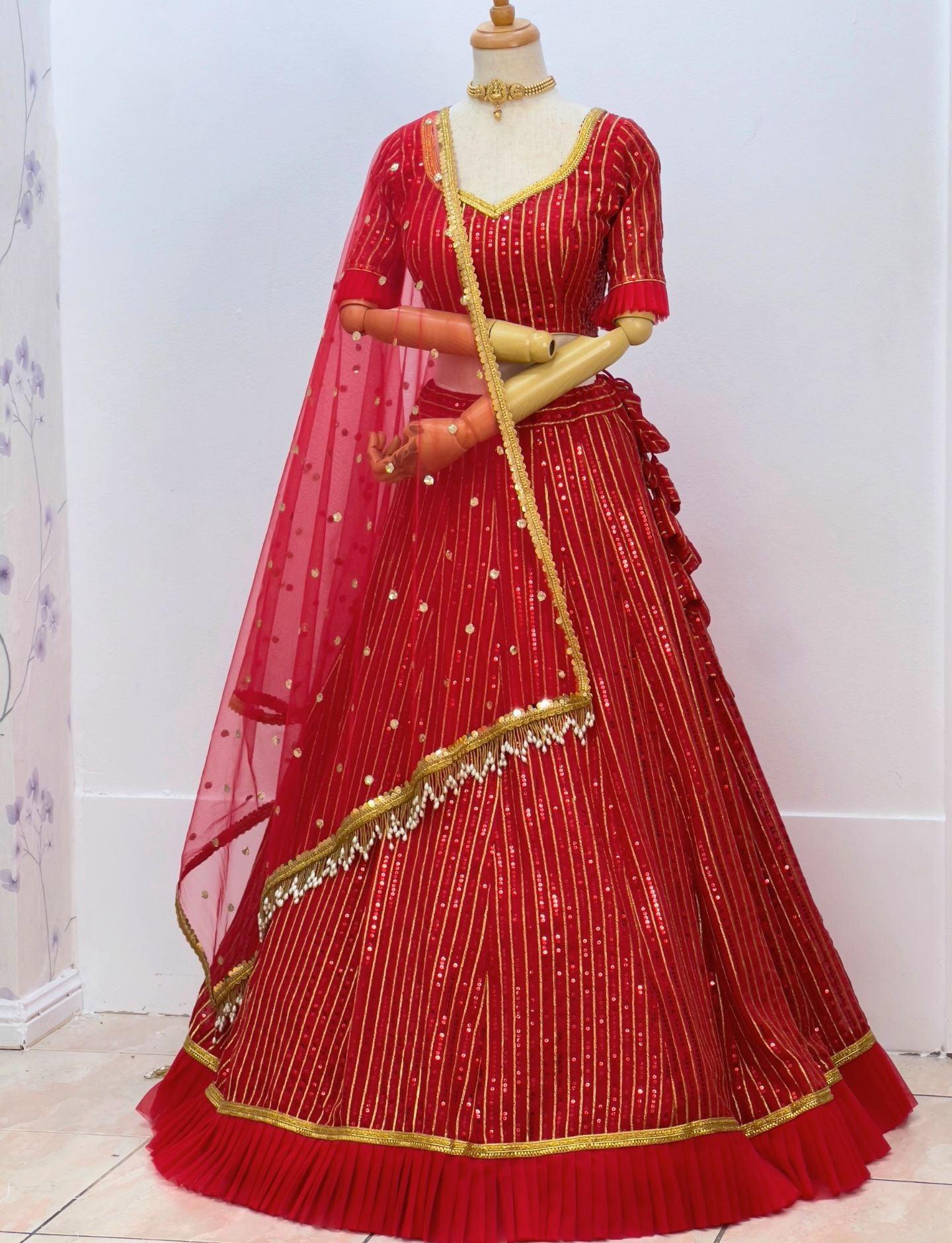 Red Sequins Lehenga Choli Set - Boutique Nepal