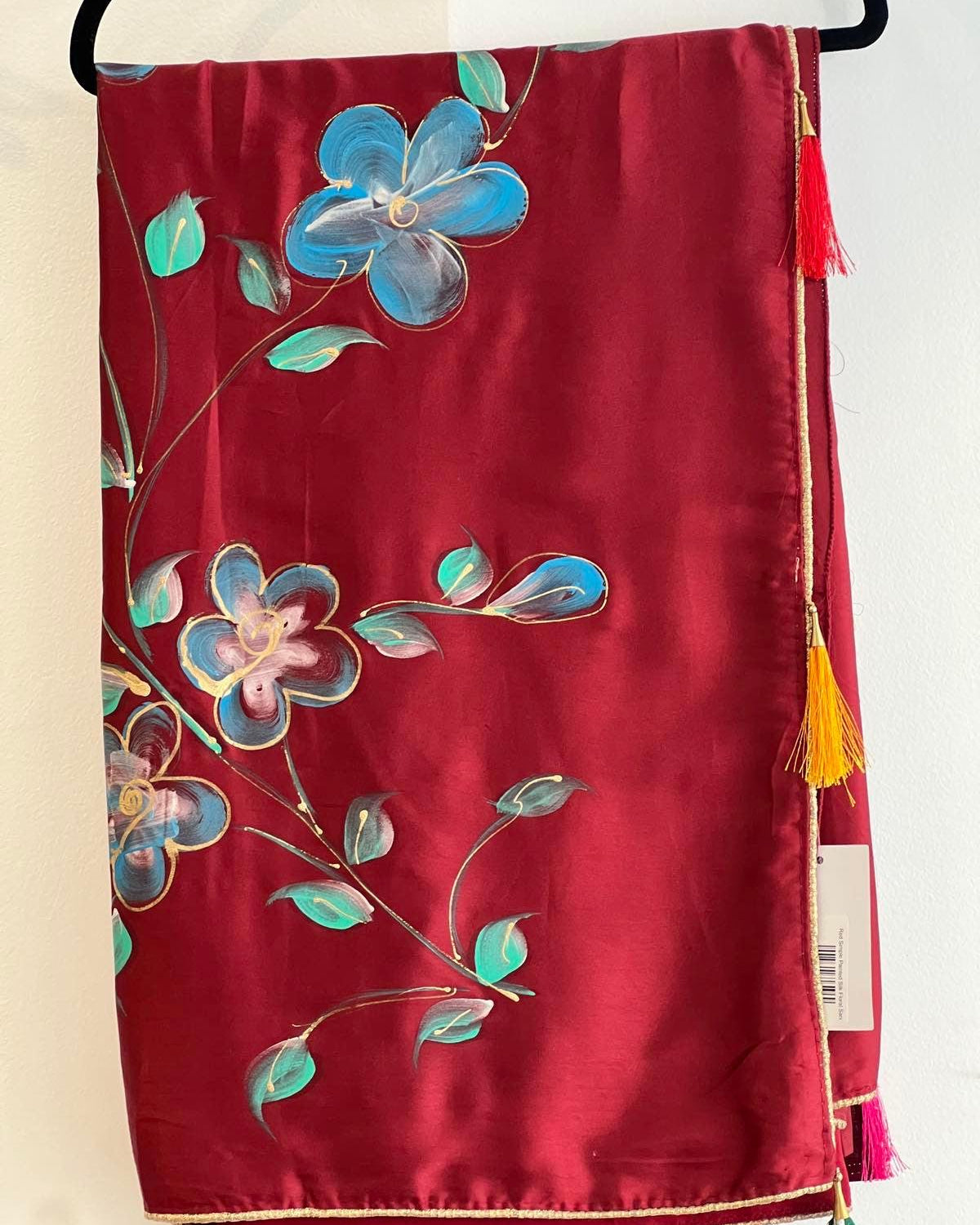 Red Simple Painted Silk Floral Saree - Boutique Nepal
