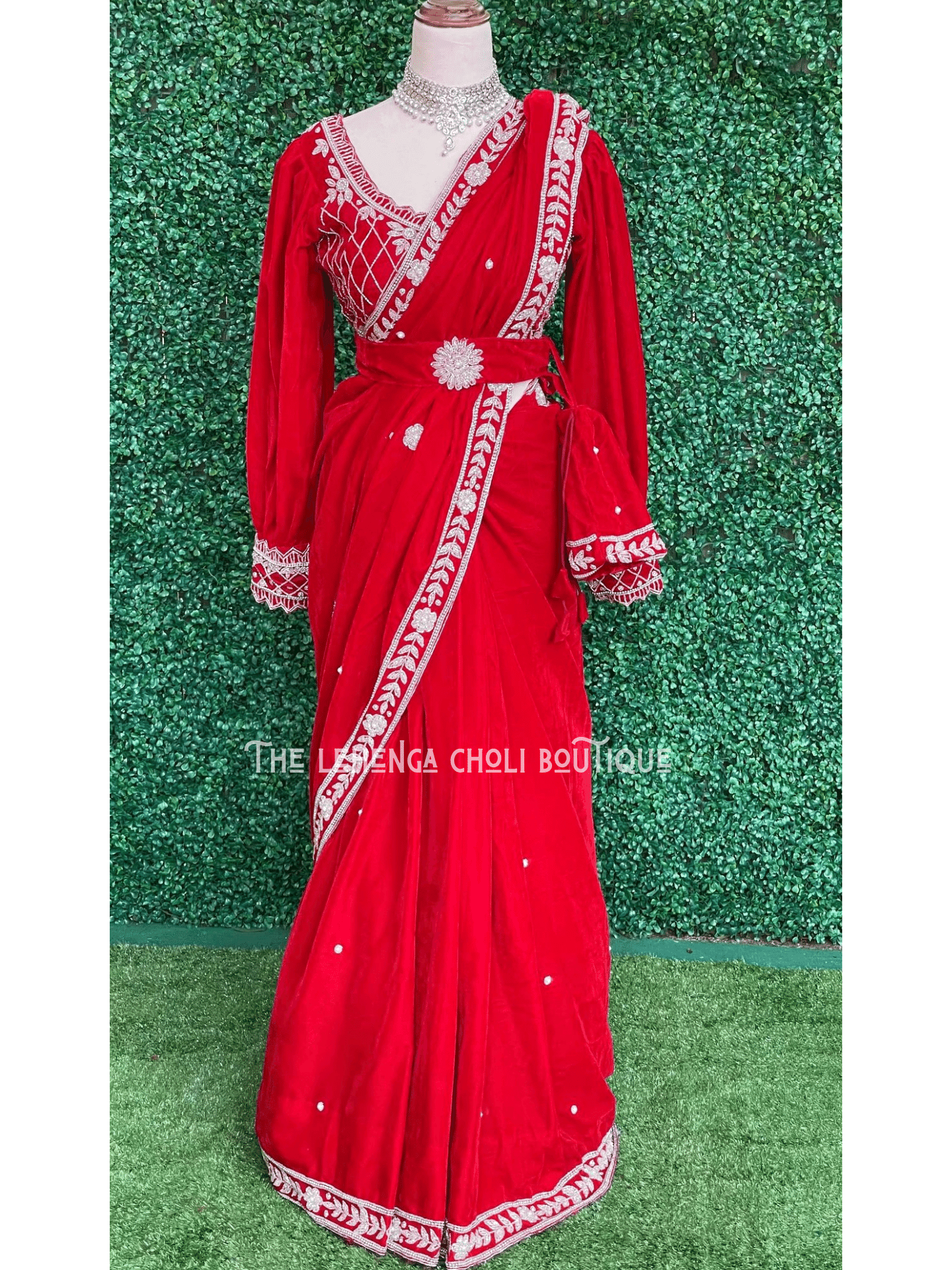 Readymade Collection Dori Embroidered Border Velvet Red Saree|SARV144032