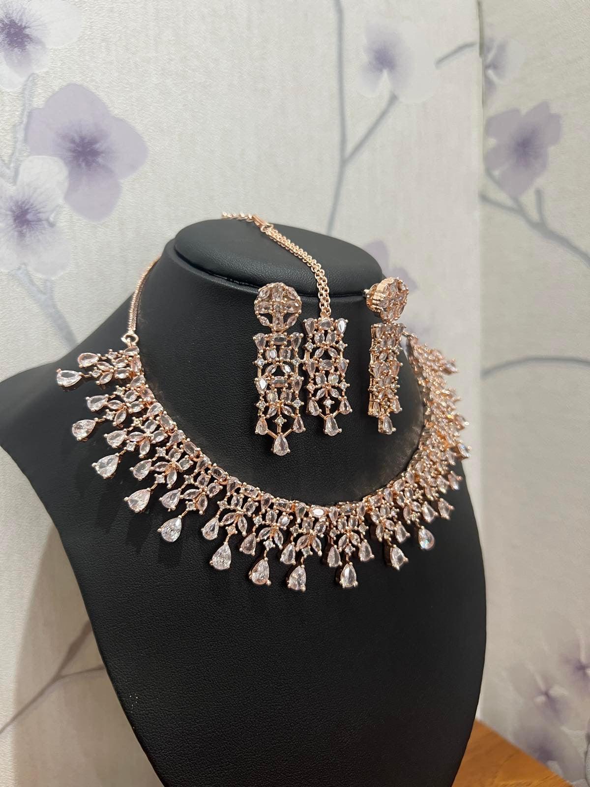 Rose Gold American Diamond Necklace Set with Bindi - Boutique Nepal