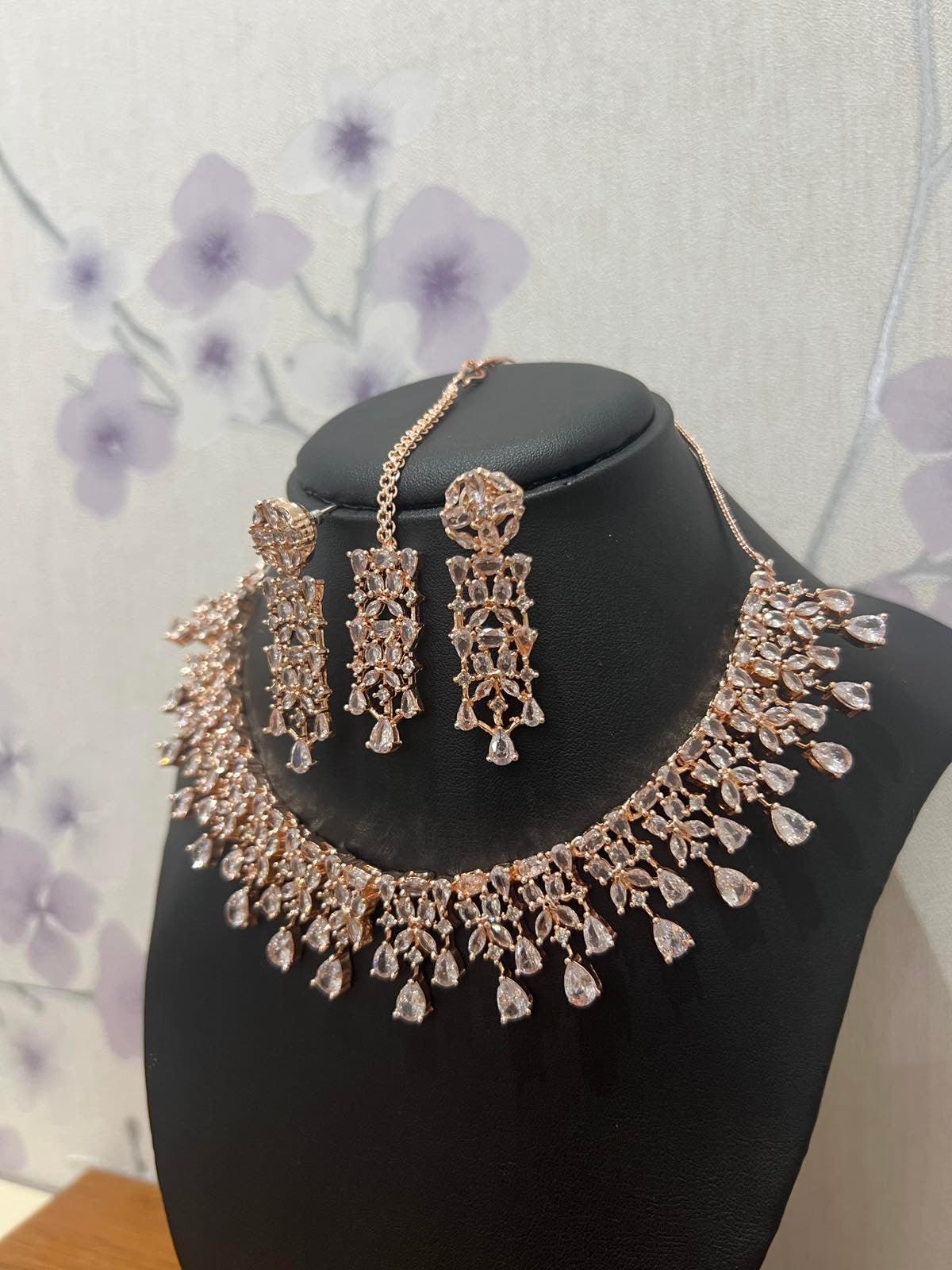 Rose Gold American Diamond Necklace Set with Bindi – Boutique Nepal