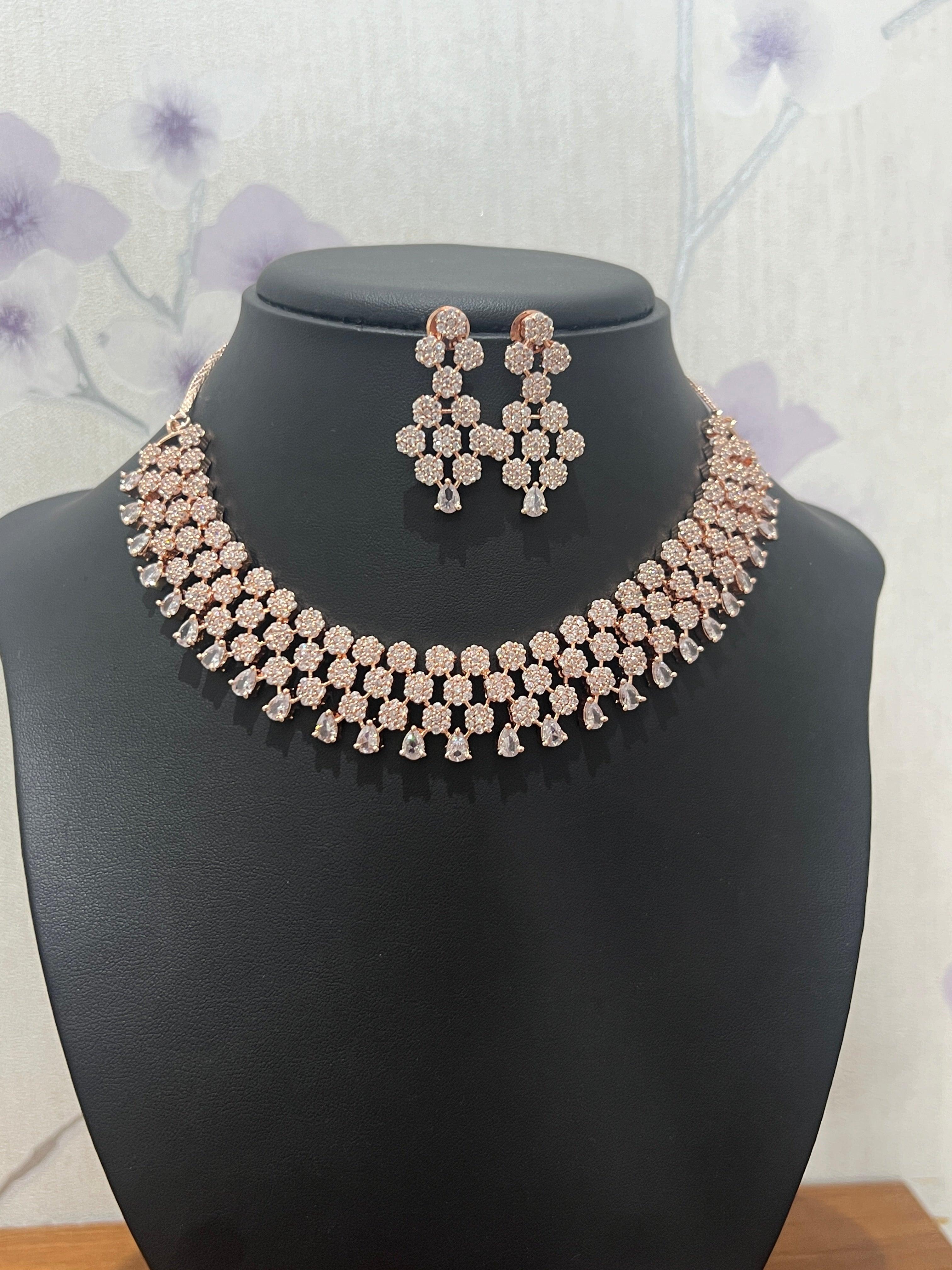 Rose Gold American Diamond Necklace Set with Flower Pattern - Boutique Nepal