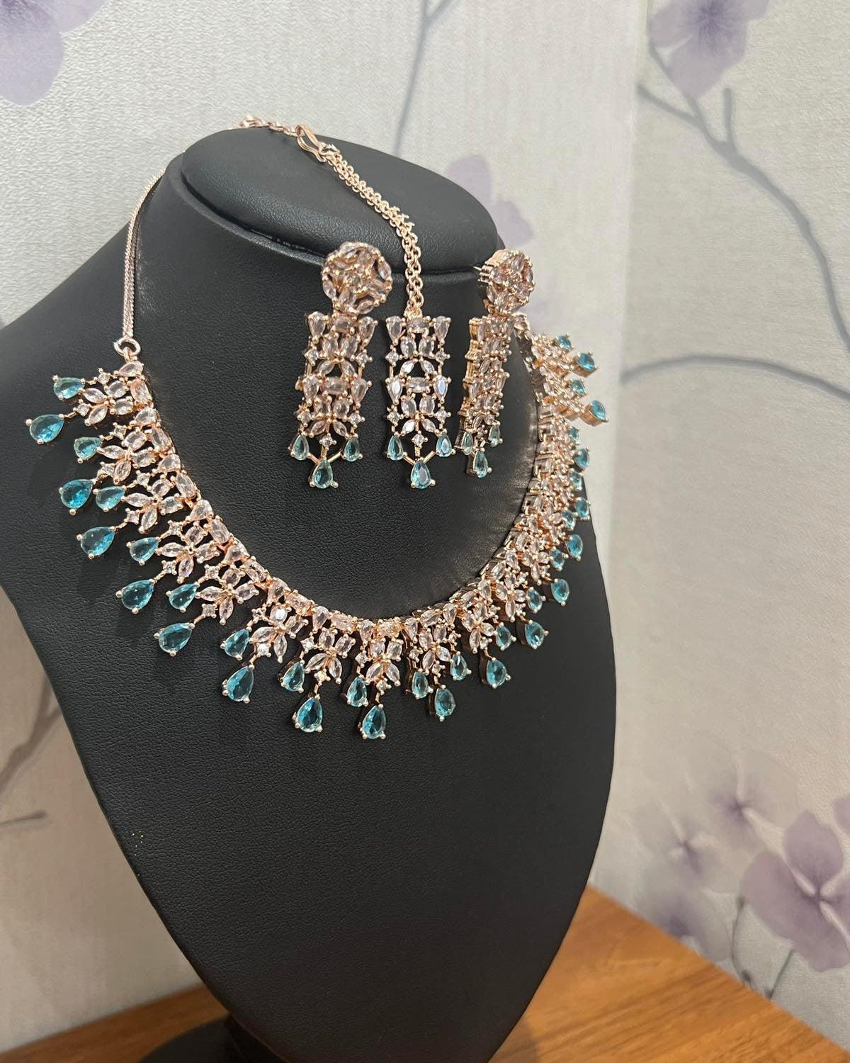 Rose Gold Sky Blue American Diamond Necklace Set with Bindi - Boutique Nepal