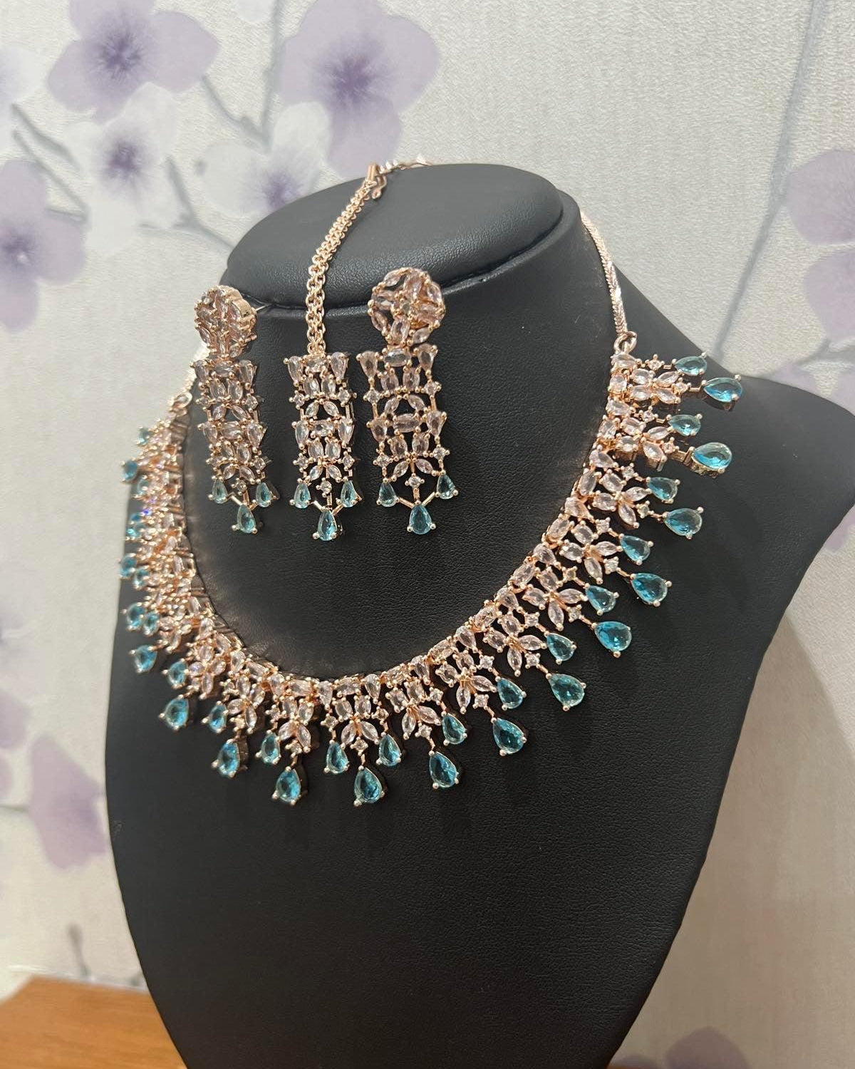 Rose Gold Sky Blue American Diamond Necklace Set with Bindi - Boutique Nepal