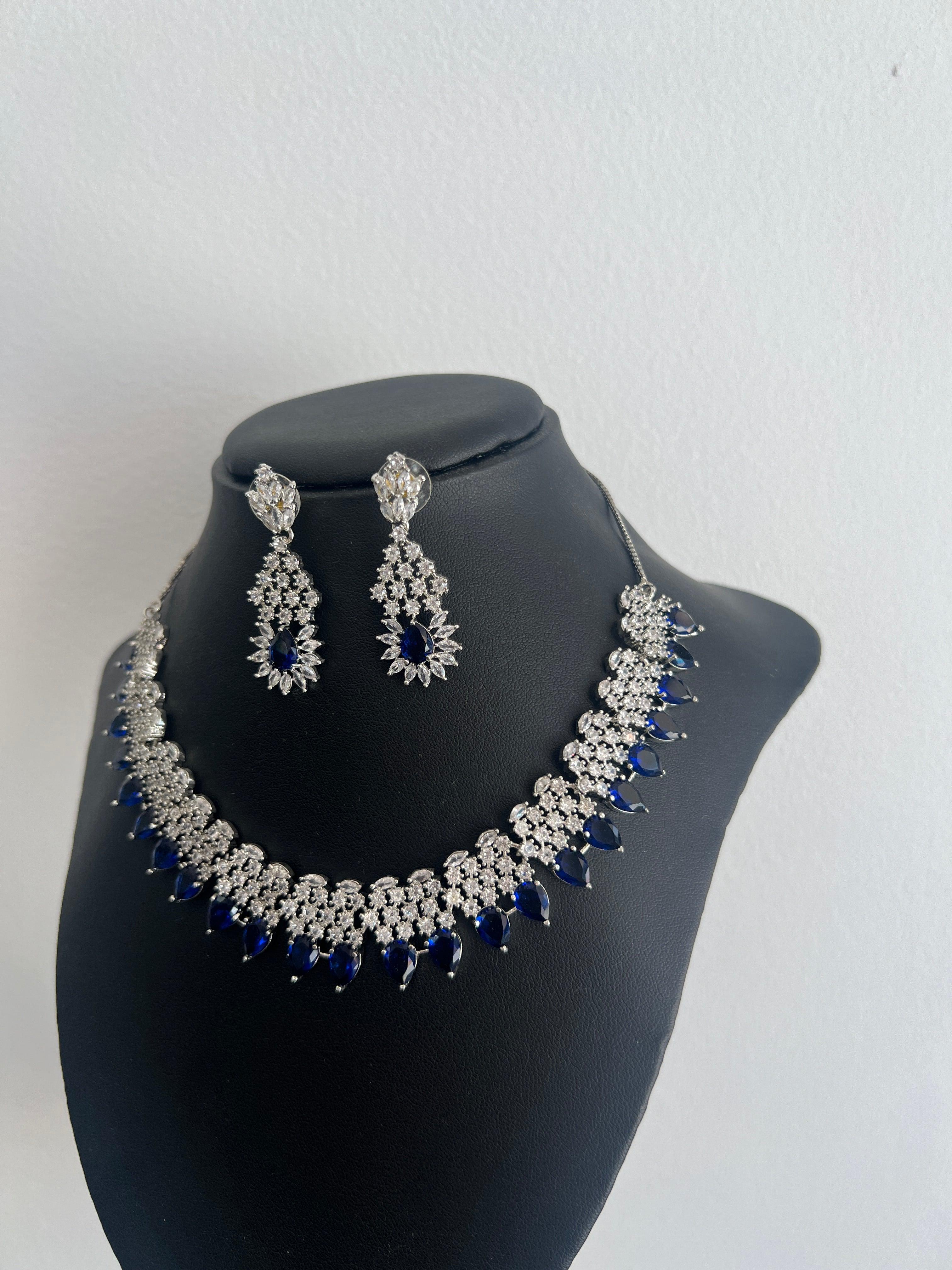 Royal Blue American Diamond Necklace Set - Boutique Nepal