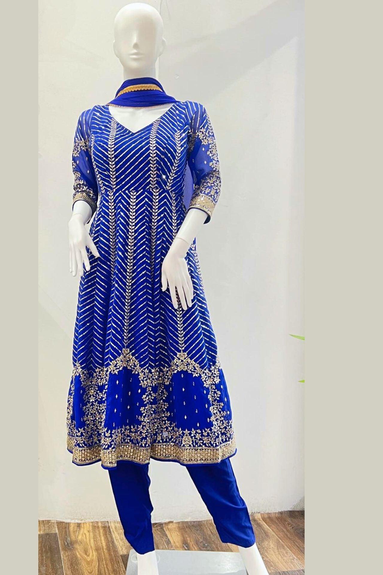 Royal Blue Anarkali Set With Gold Embrodery - Boutique Nepal