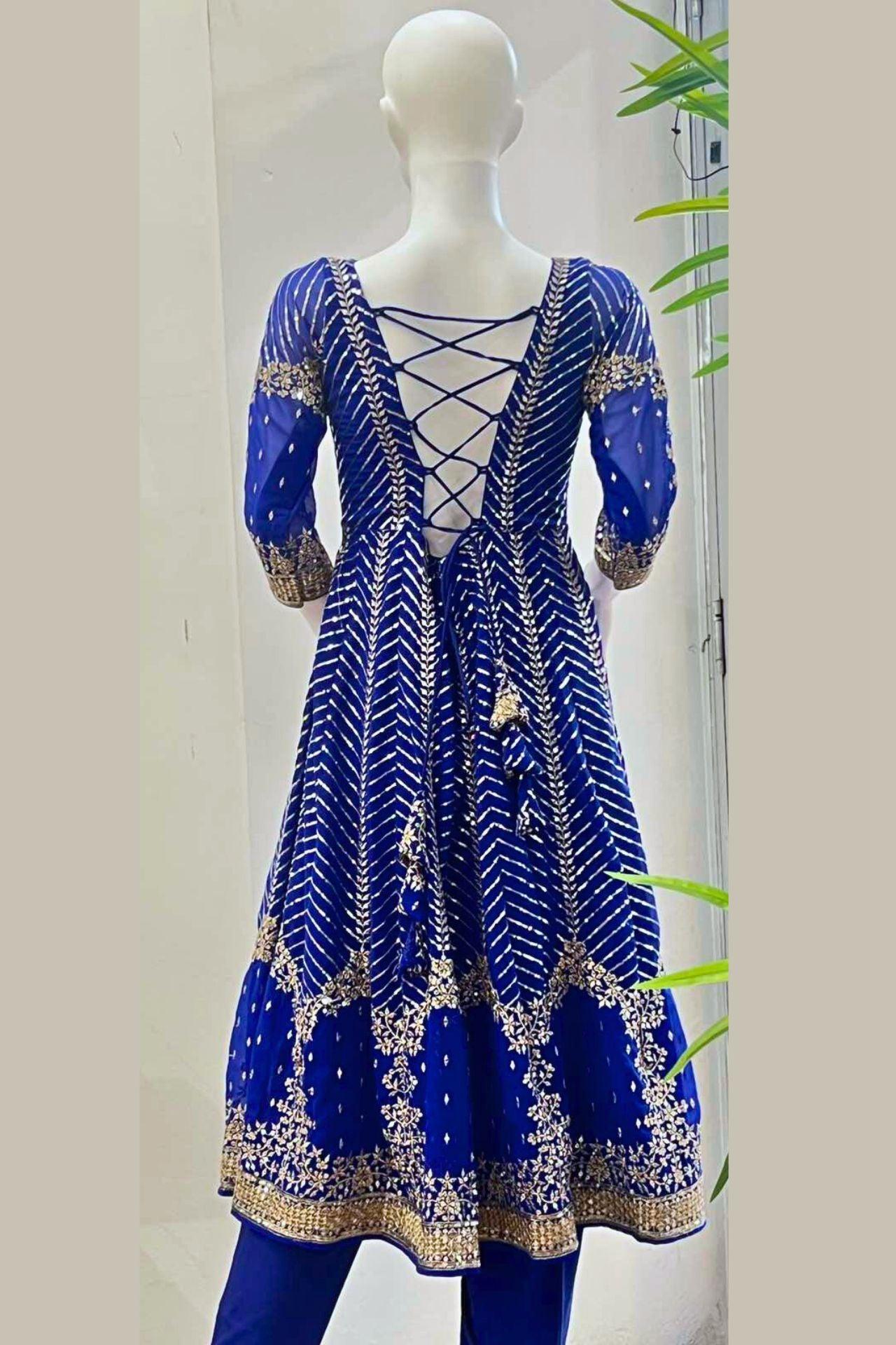 Royal Blue Anarkali Set With Gold Embrodery - Boutique Nepal