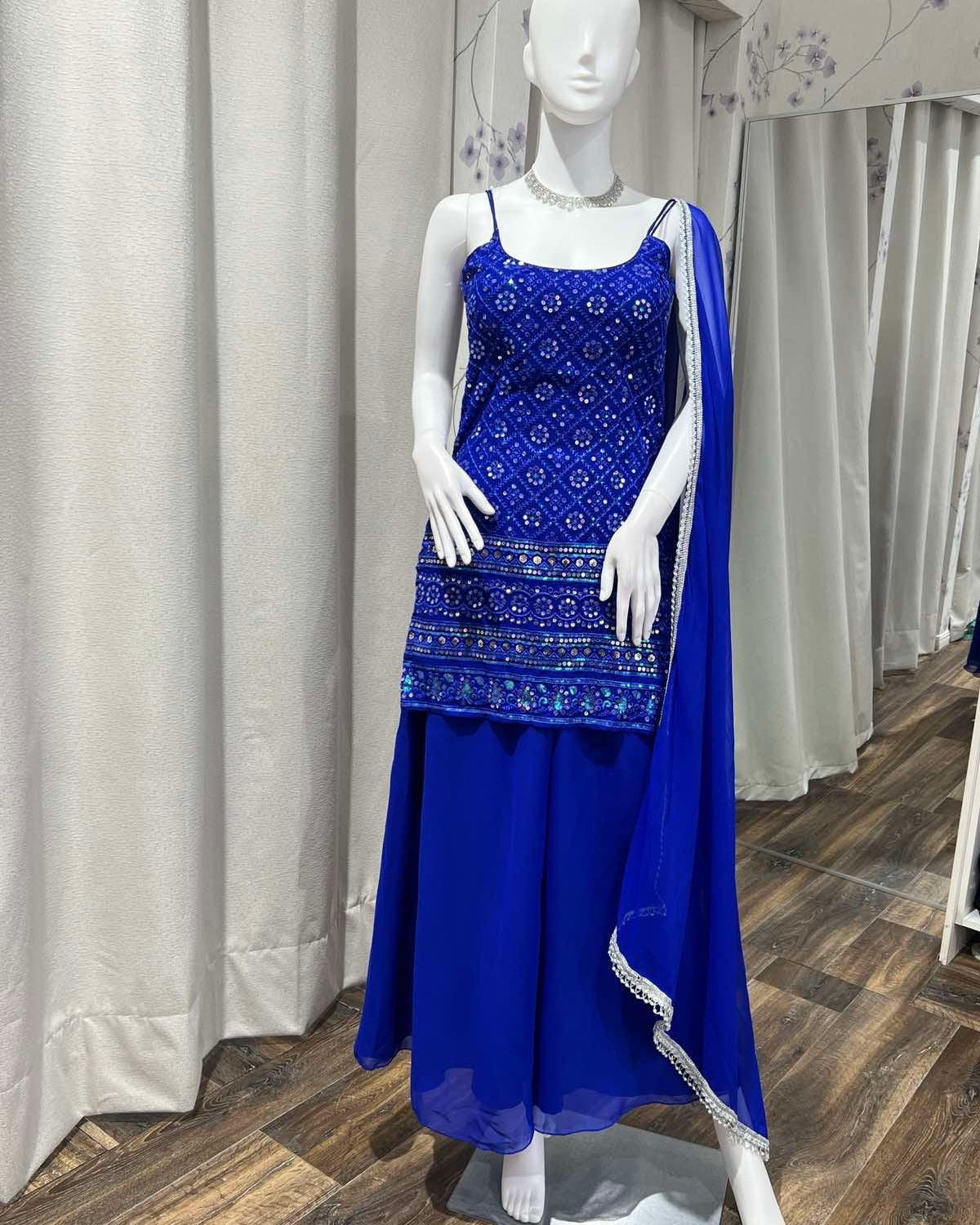 Royal Blue Sleeveless Kurthi Plazo Set - Boutique Nepal