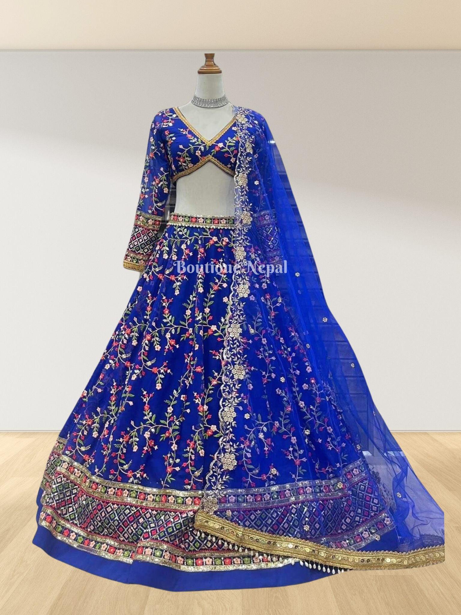 Royal Blue V Neck Lehenga Set - Boutique Nepal Au