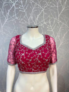 Royal Pink Net Blouse With Silver Border - Boutique Nepal