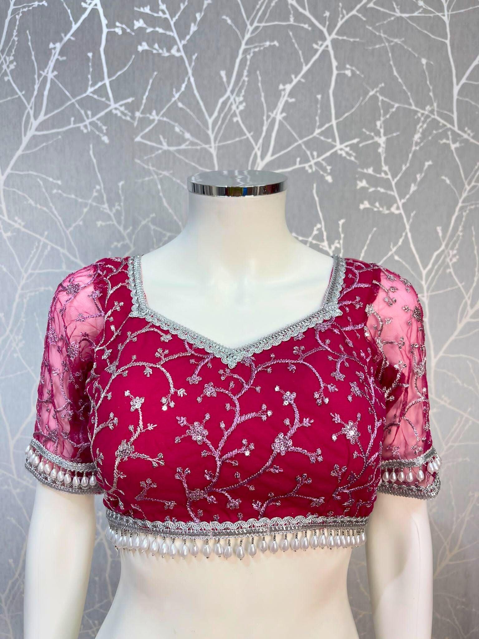 Royal Pink Net Blouse With Sweet Heart Neck - Boutique Nepal