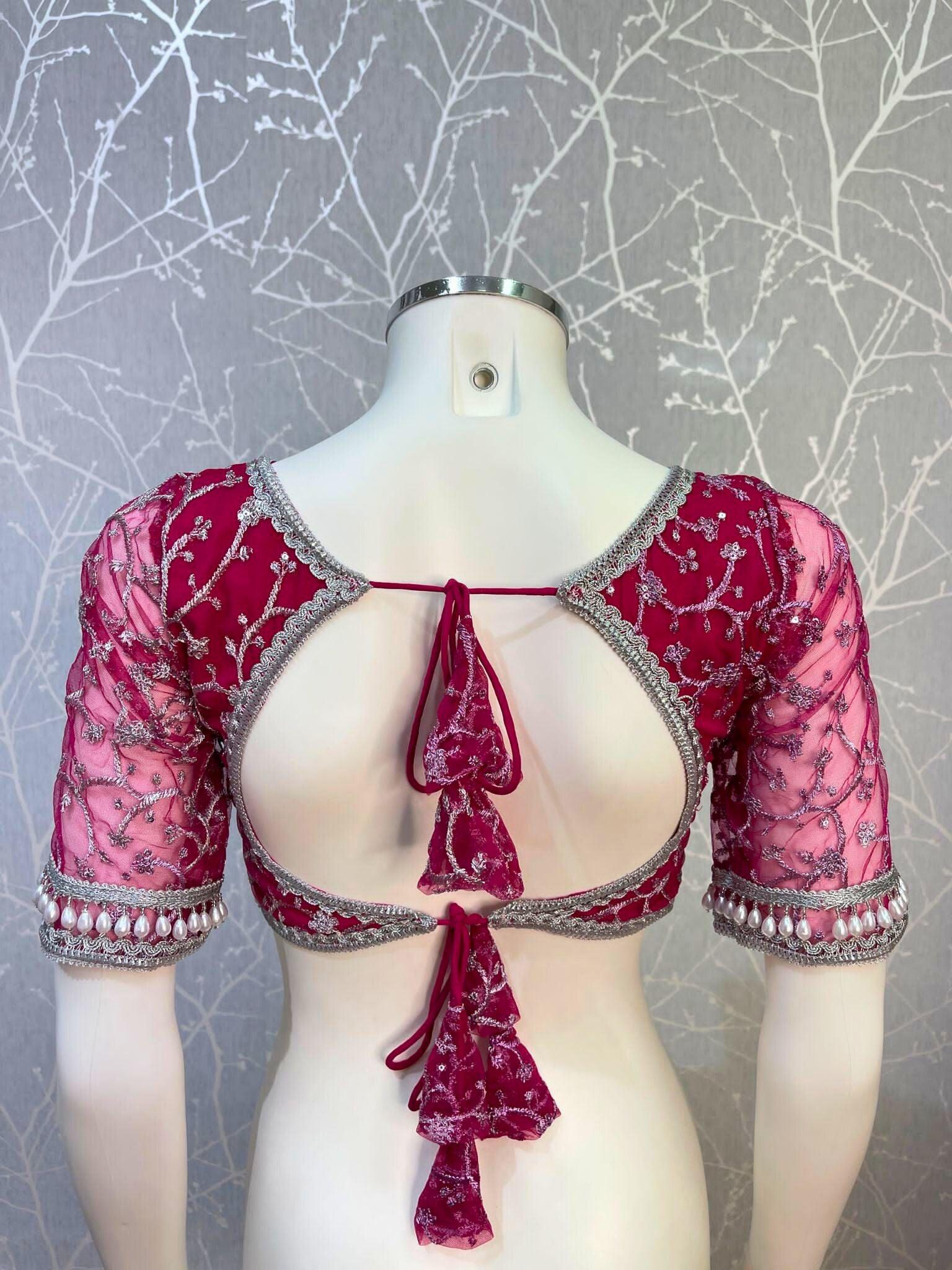Royal Pink Net Blouse With Sweet Heart Neck - Boutique Nepal Au
