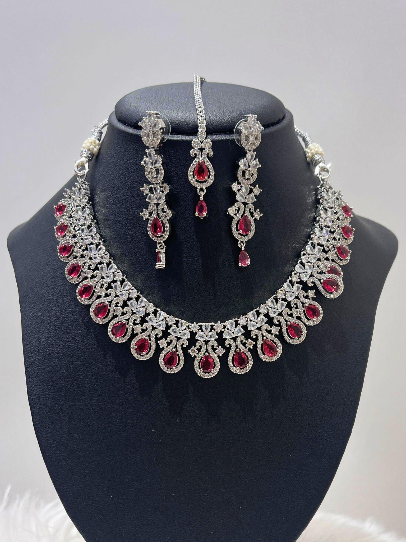 Ruby Pink American Diamond Necklace Set - Boutique Nepal Au