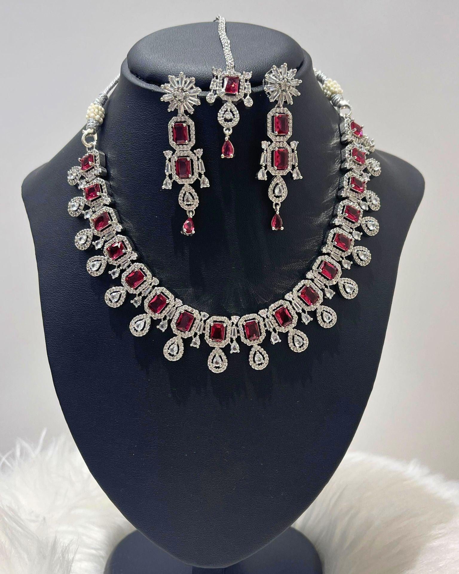 Ruby Pink American Diamond Necklace Set - Boutique Nepal Au