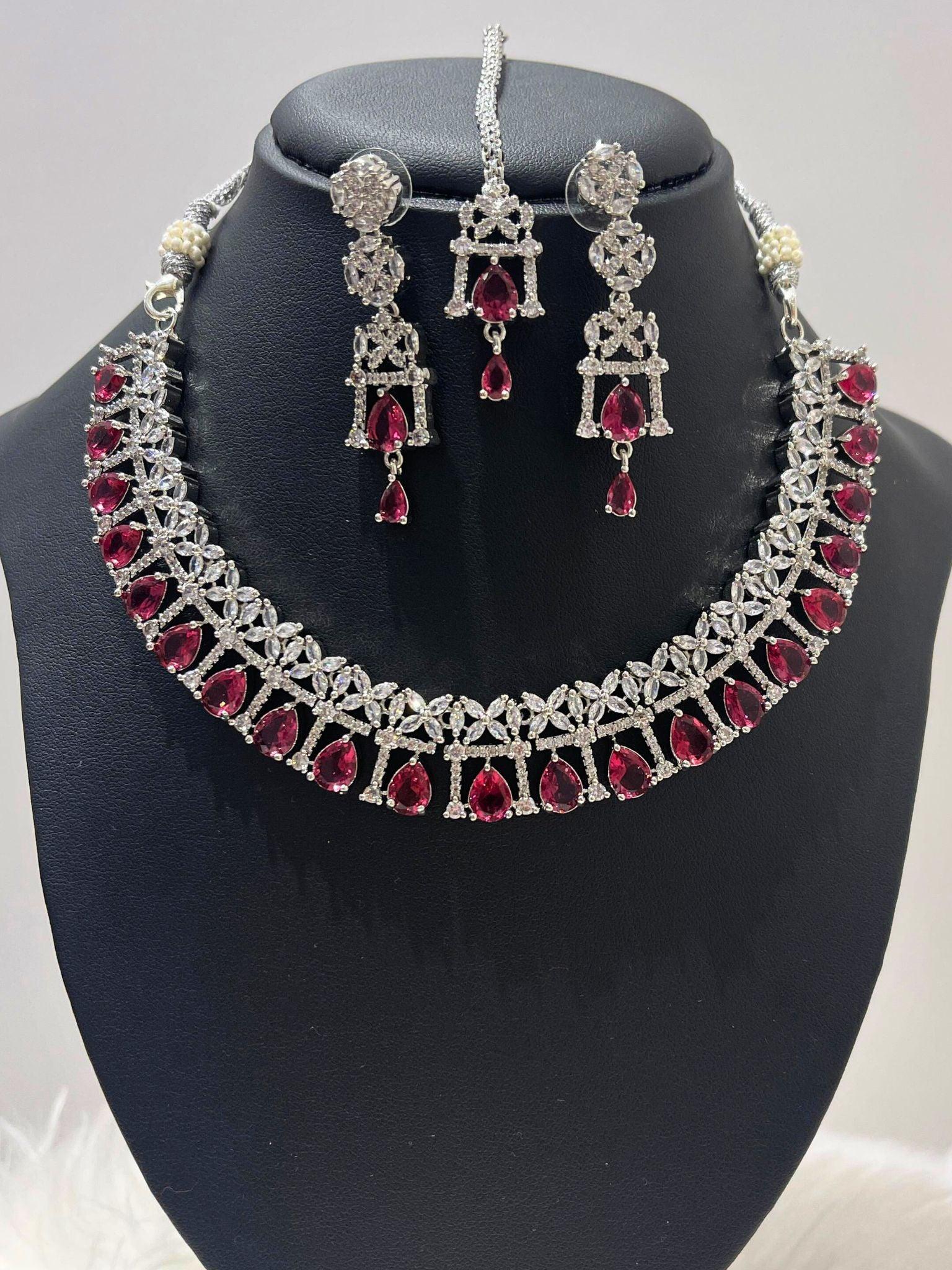 Ruby Pink American Diamond Necklace Set - Boutique Nepal