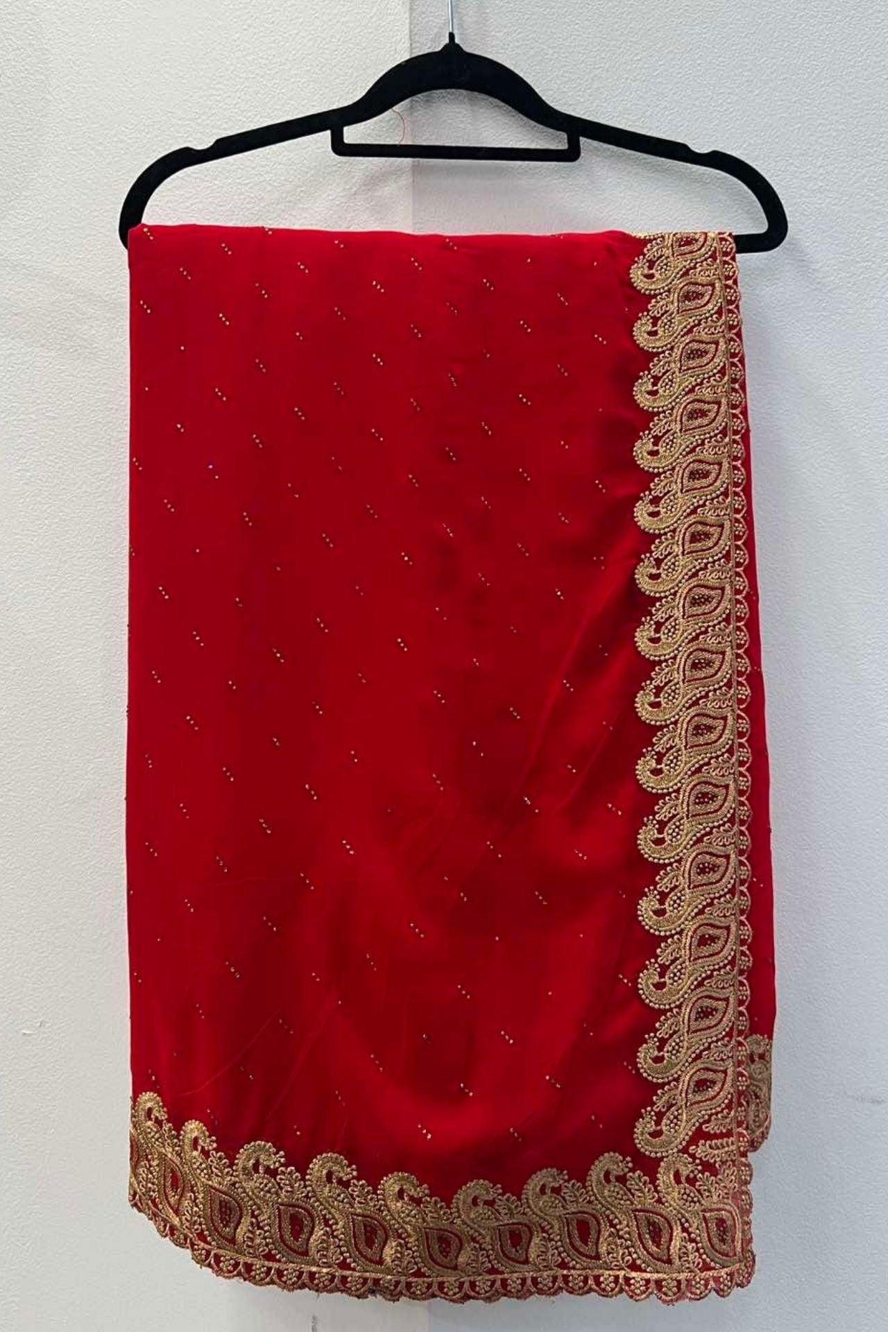 Saree With Zari Work in Dark Red - Boutique Nepal