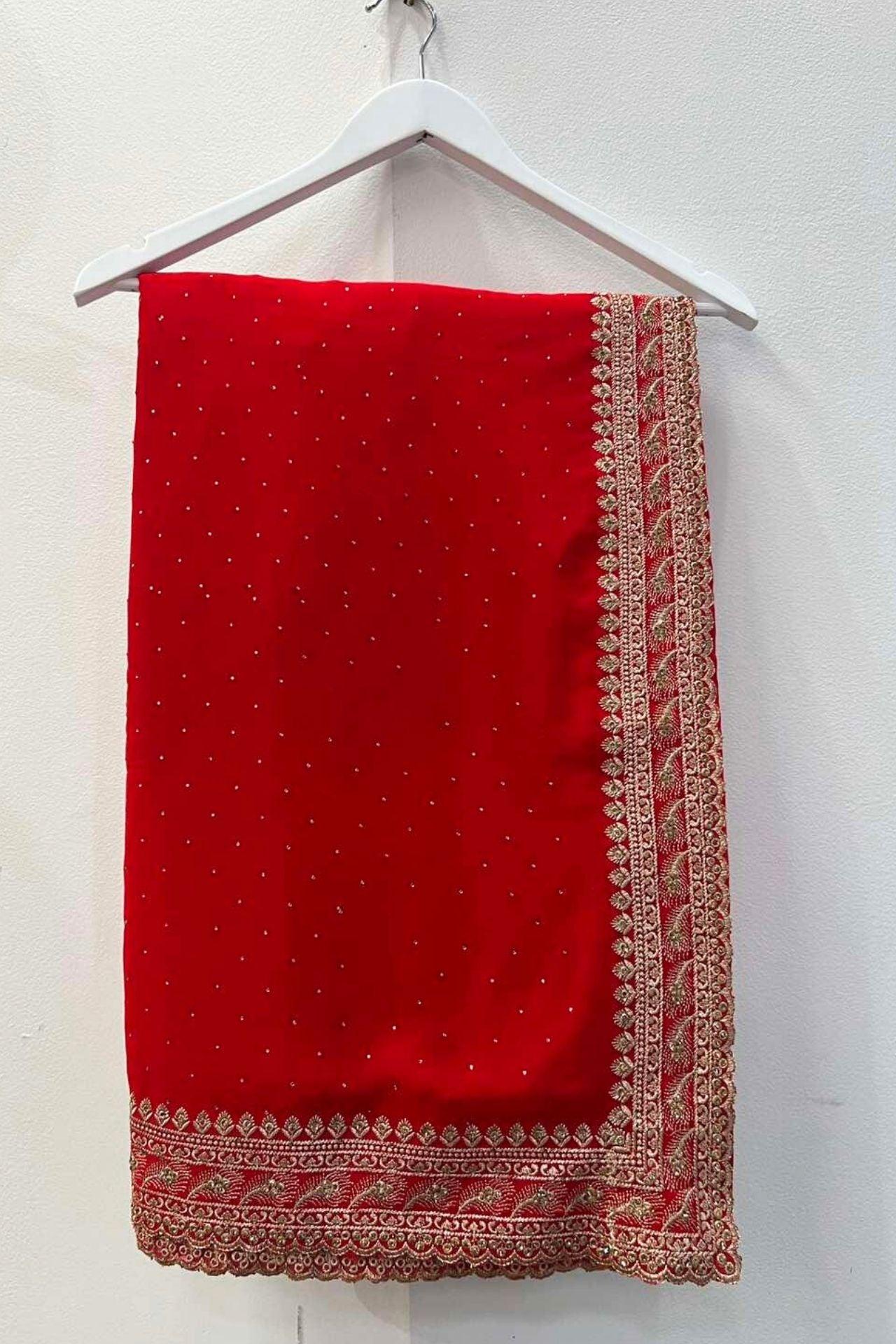 Saree With Zari Work in Red - Boutique Nepal