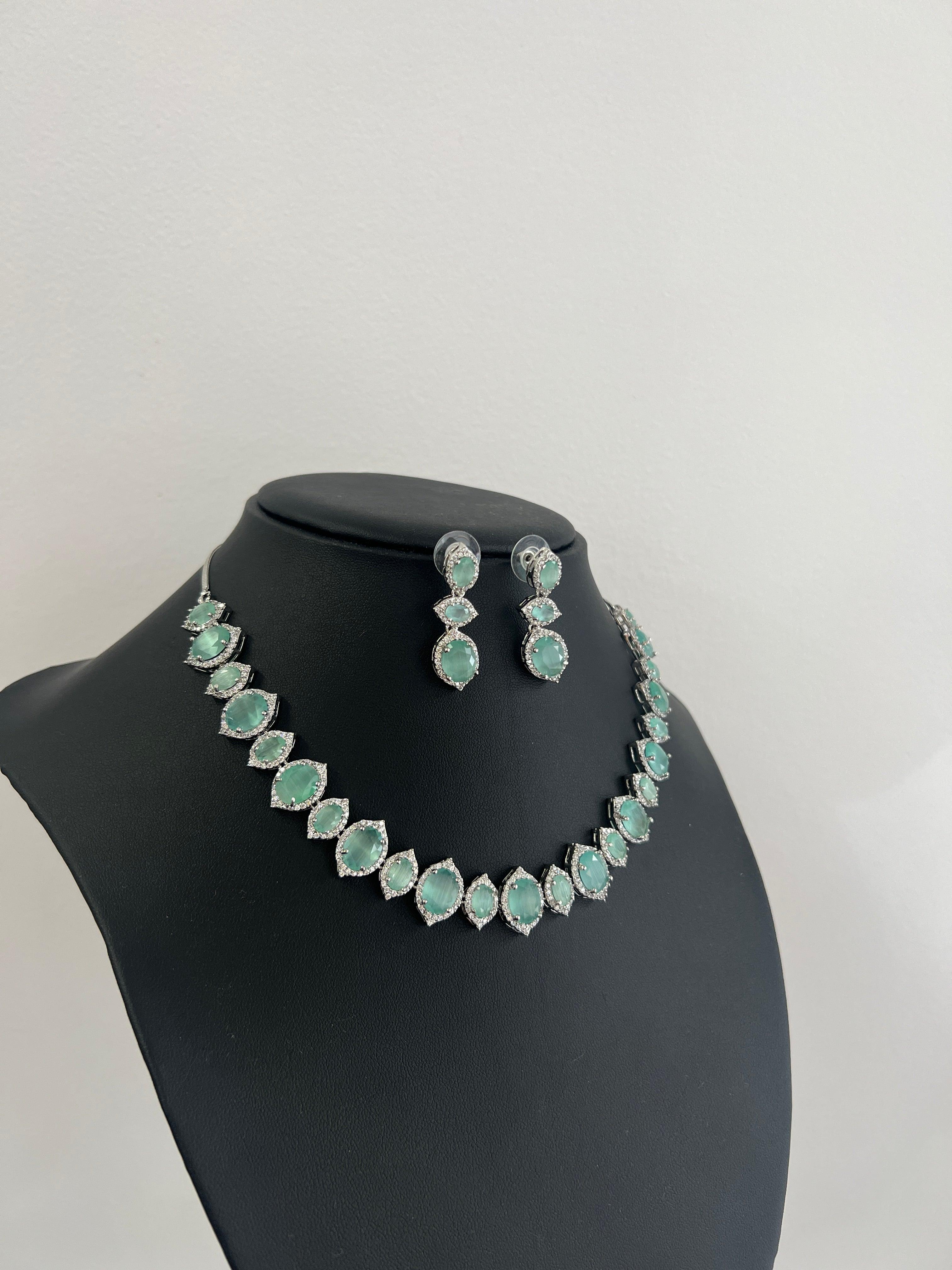 Sea Green American Diamond Necklace Set - Boutique Nepal Australia 