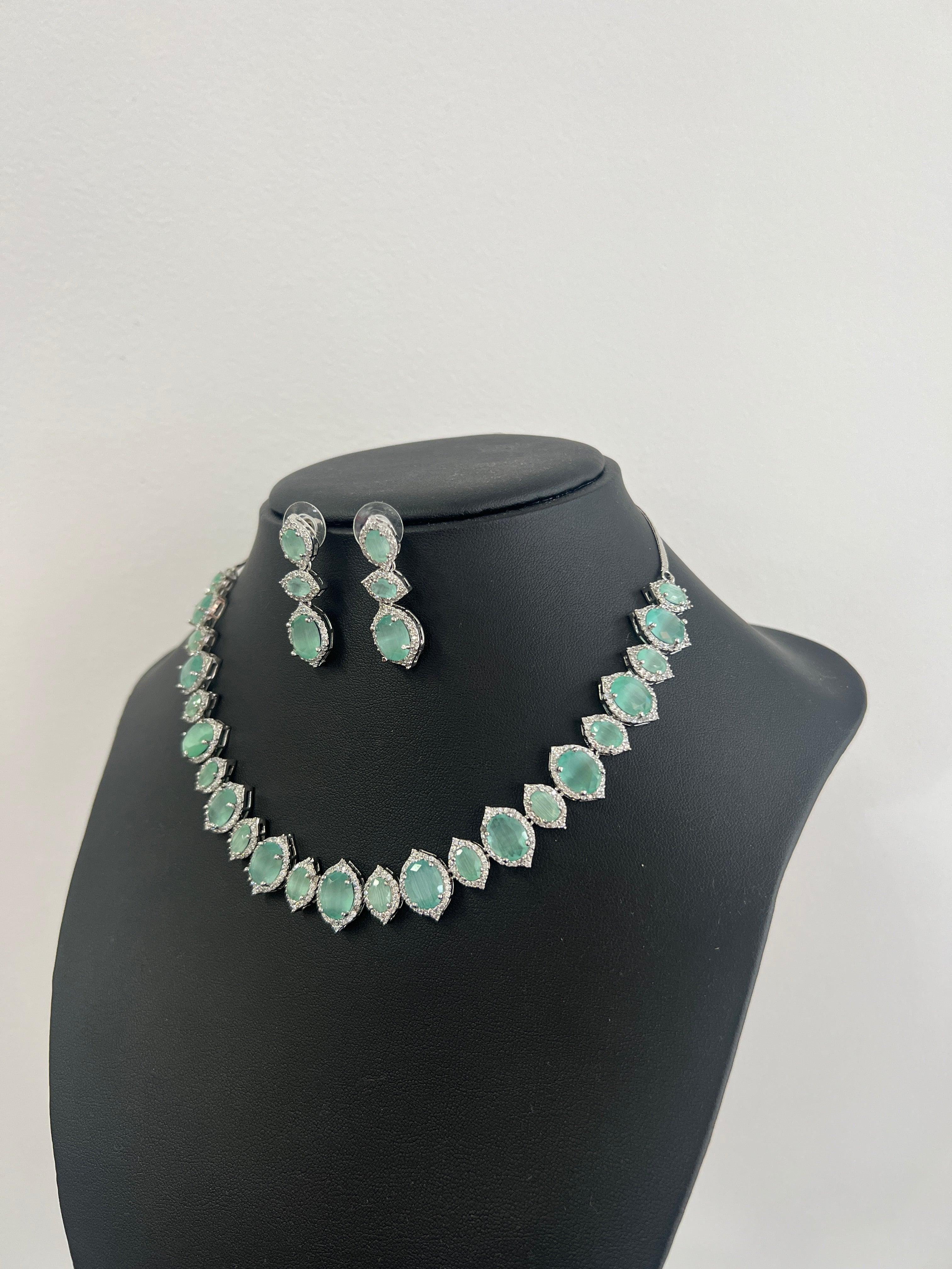 Sea Green American Diamond Necklace Set - Boutique Nepal Australia 