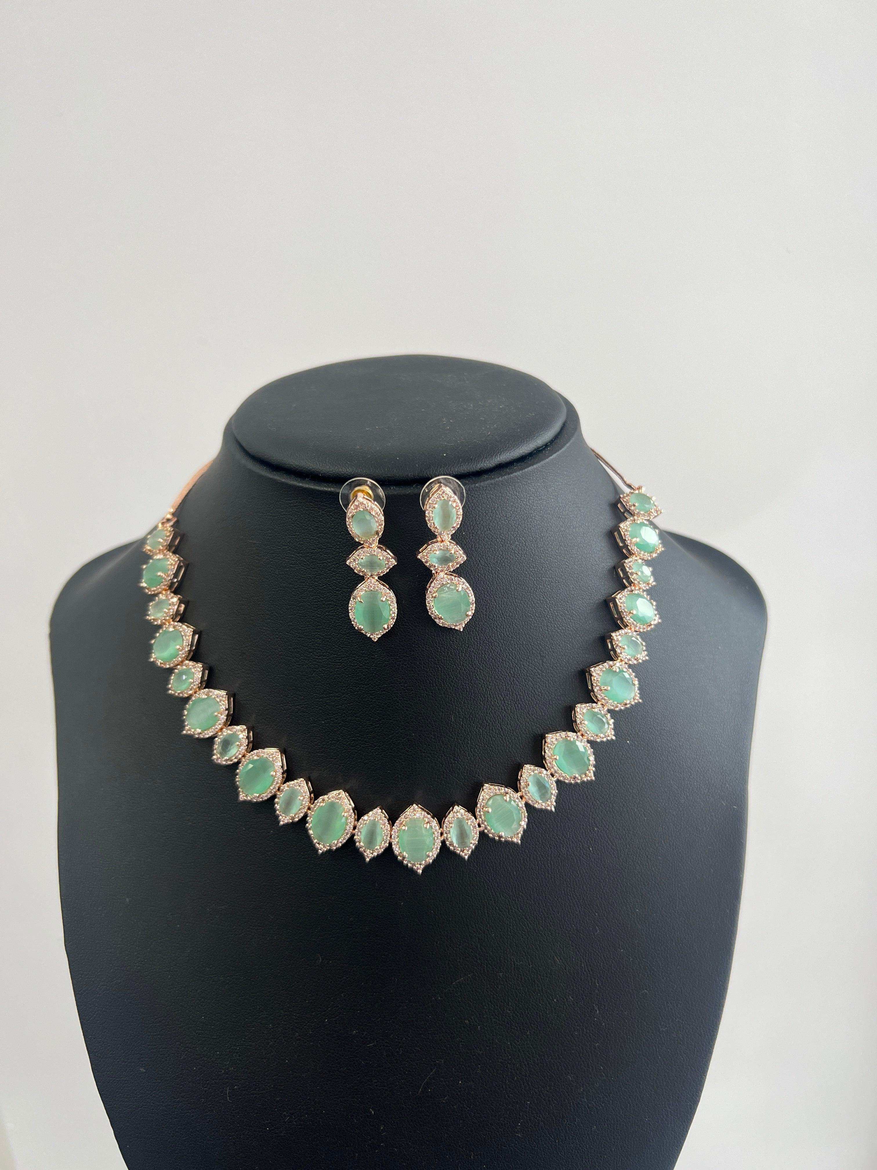 Sea Green - Gold American Diamond Necklace Set - Boutique Nepal Australia 