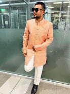 Sherwani And Pants Set In Peach - Boutique Nepal