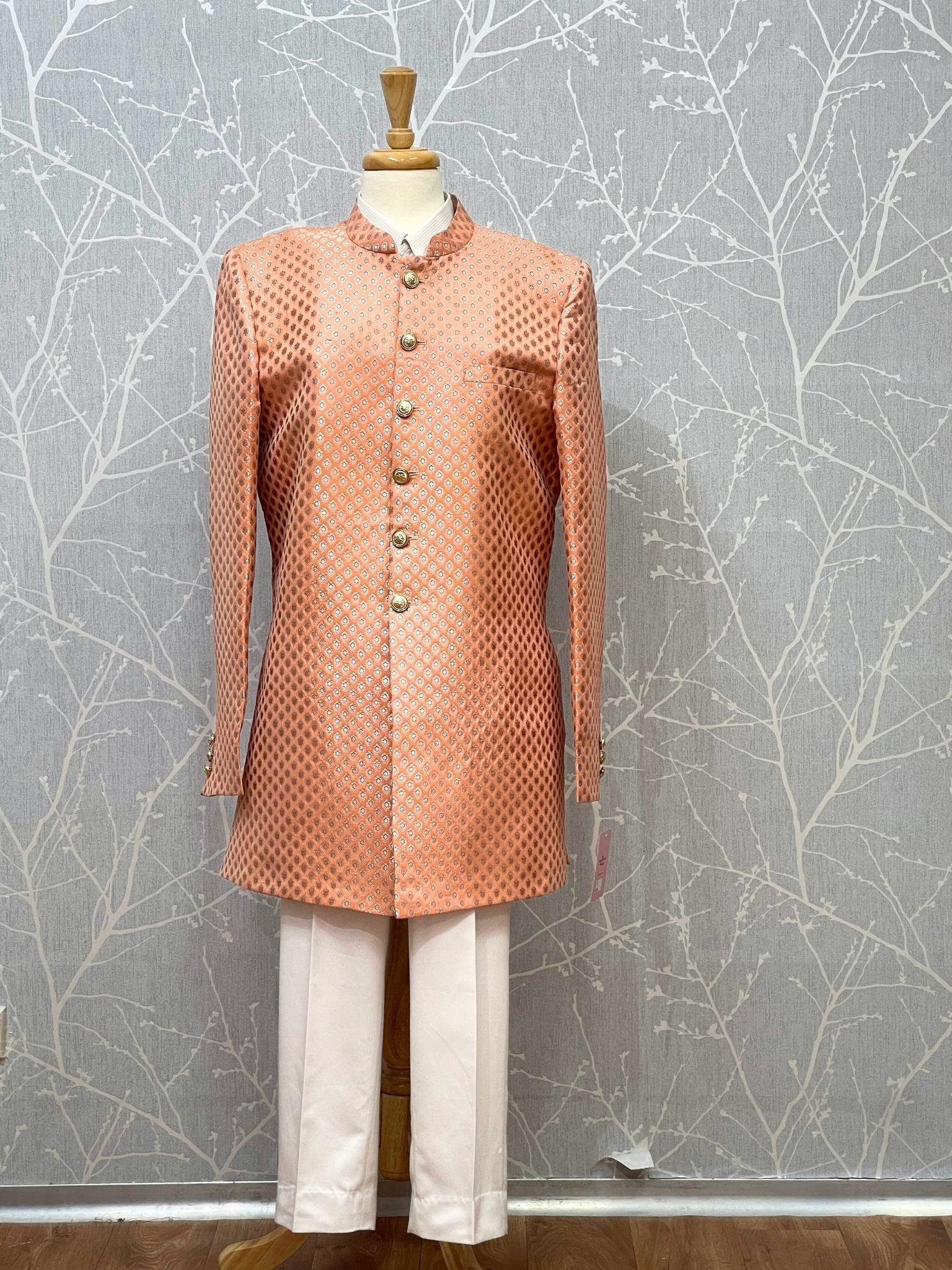 Sherwani And Pants Set In Peach - Boutique Nepal