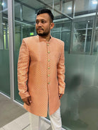 Sherwani And Pants Set In Peach - Boutique Nepal