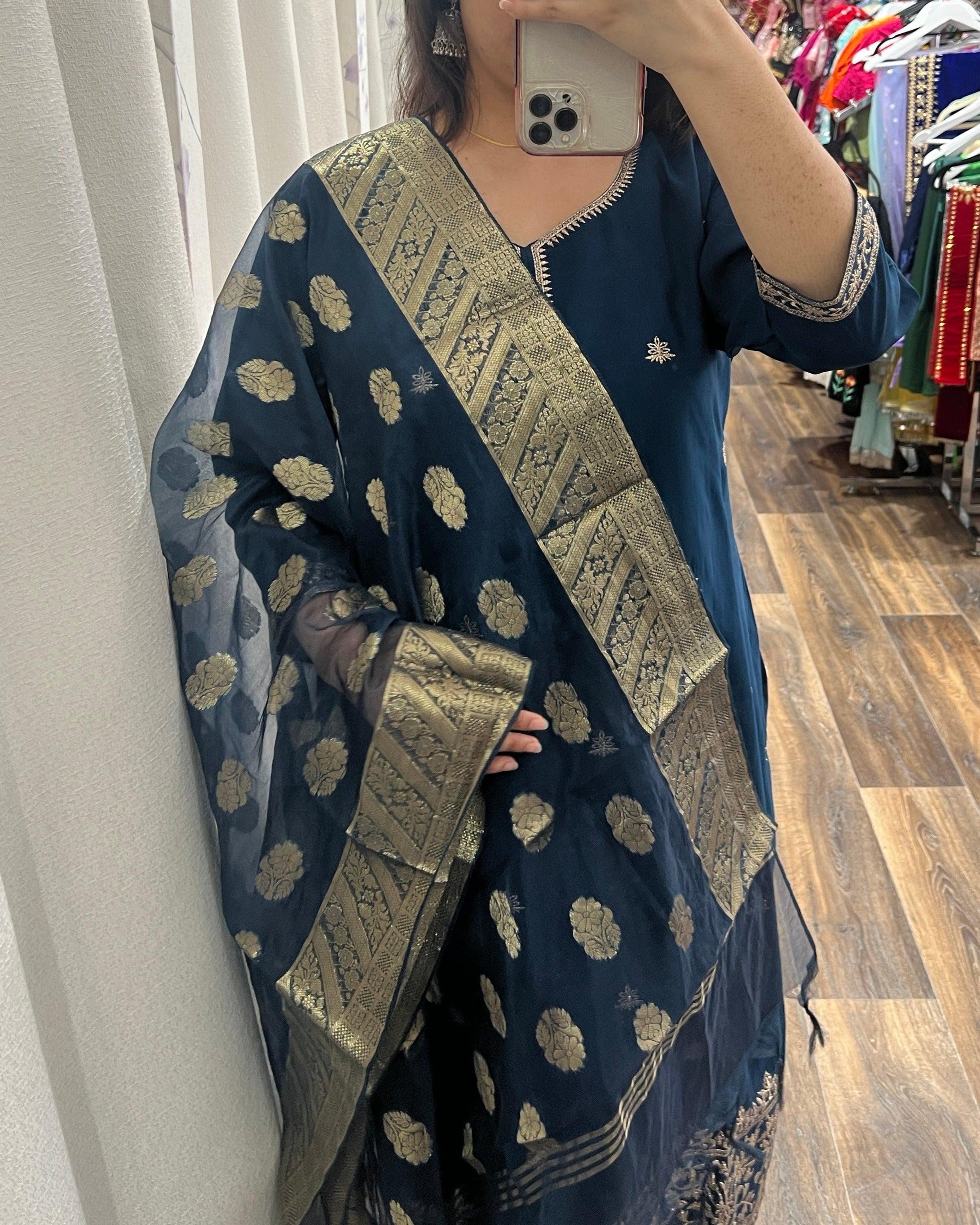 Silk Blend Printed Readymade Kurta Set Dark Blue - Boutique Nepal Australia 