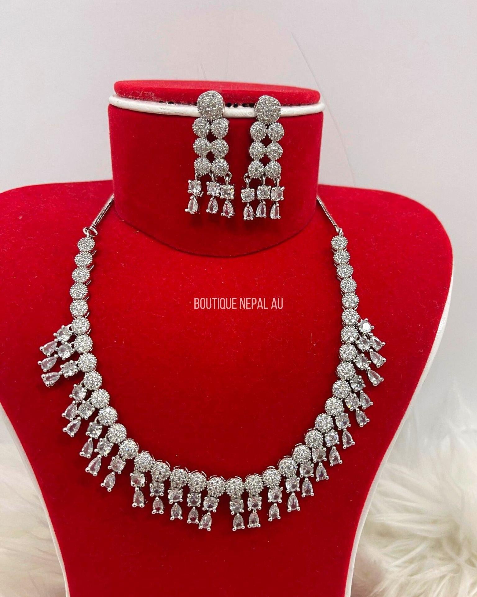 Silver Stone American Diamond Necklace Set