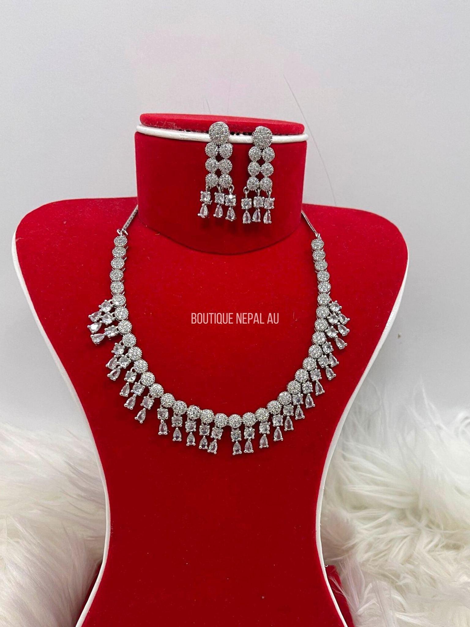 Silver Stone American Diamond Necklace Set