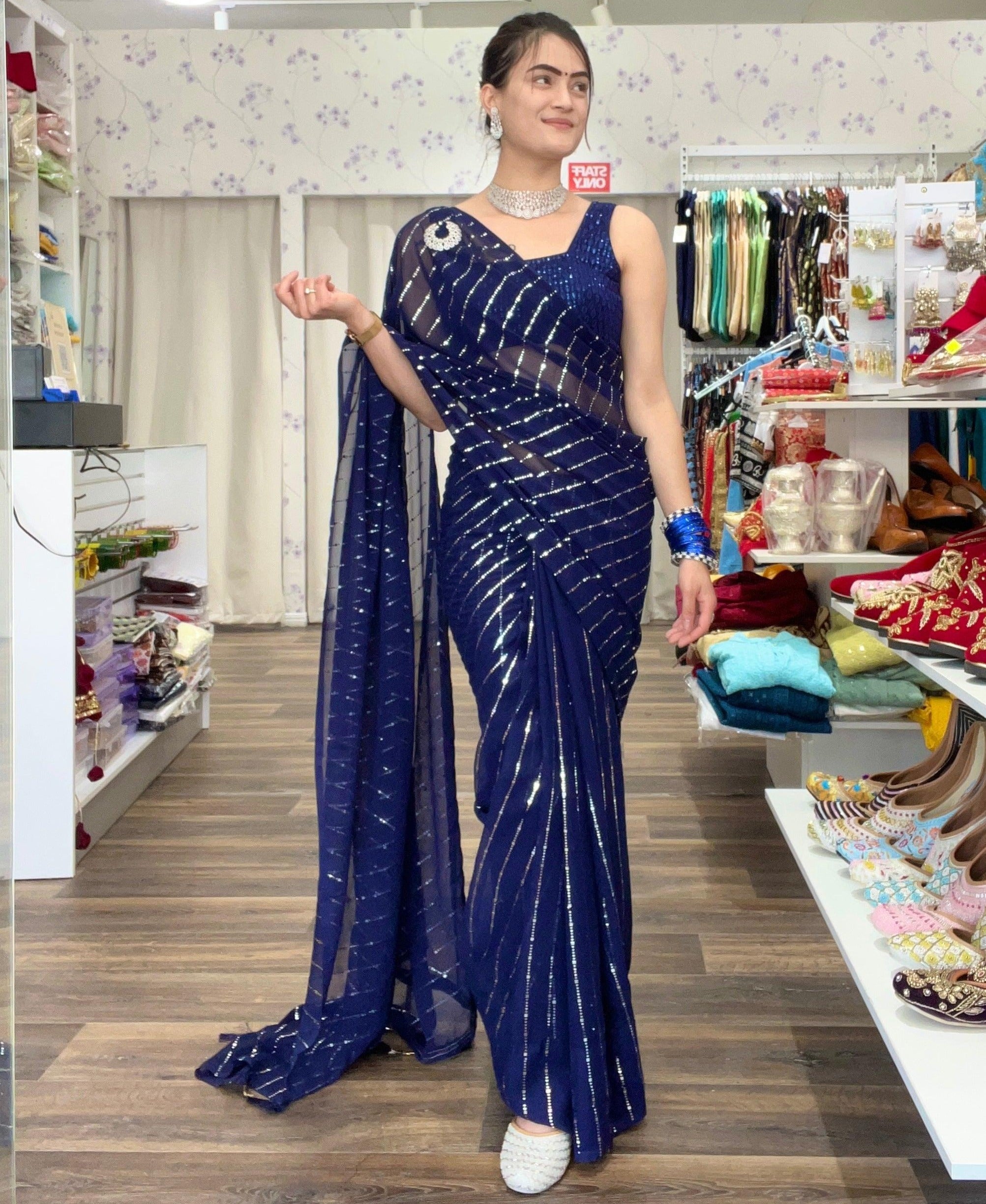 Simple Ready To Wear Saree in Blue - Boutique Nepal