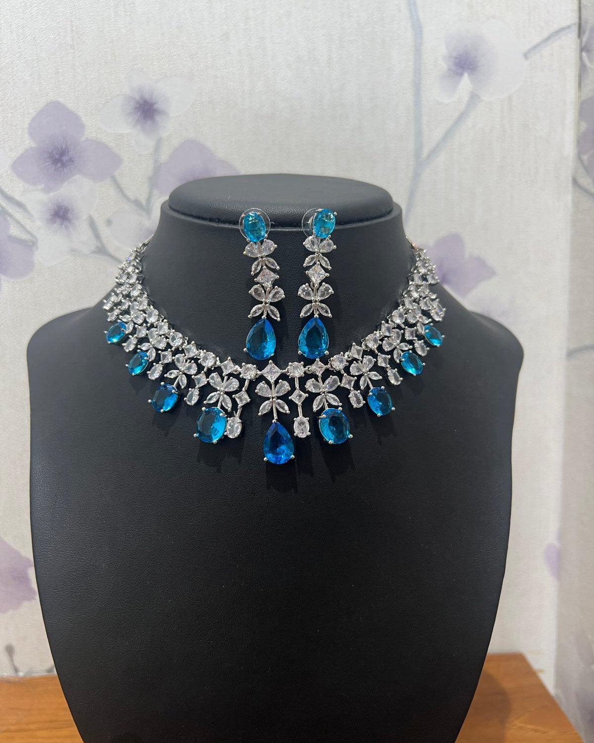 Sky Blue American Diamond Necklace Set - Boutique Nepal