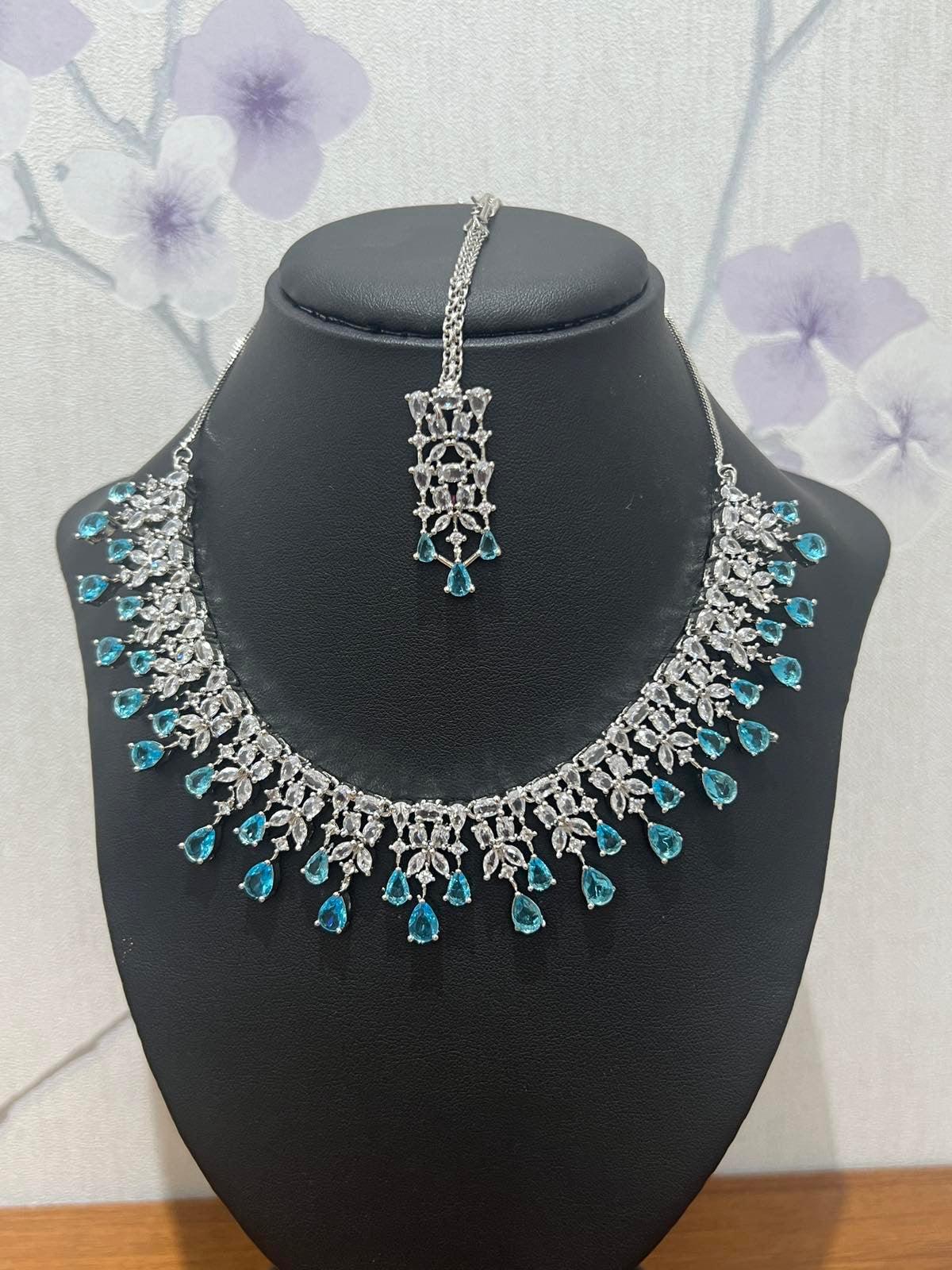 Sky Blue American Diamond Necklace Set with Bindi - Boutique Nepal