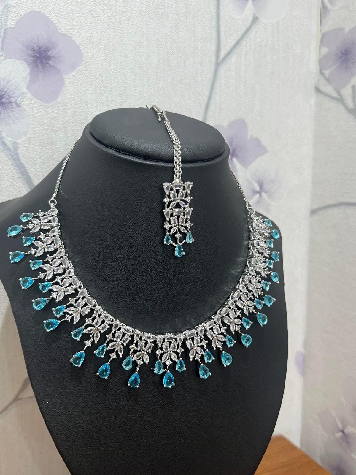 Sky Blue American Diamond Necklace Set with Bindi - Boutique Nepal