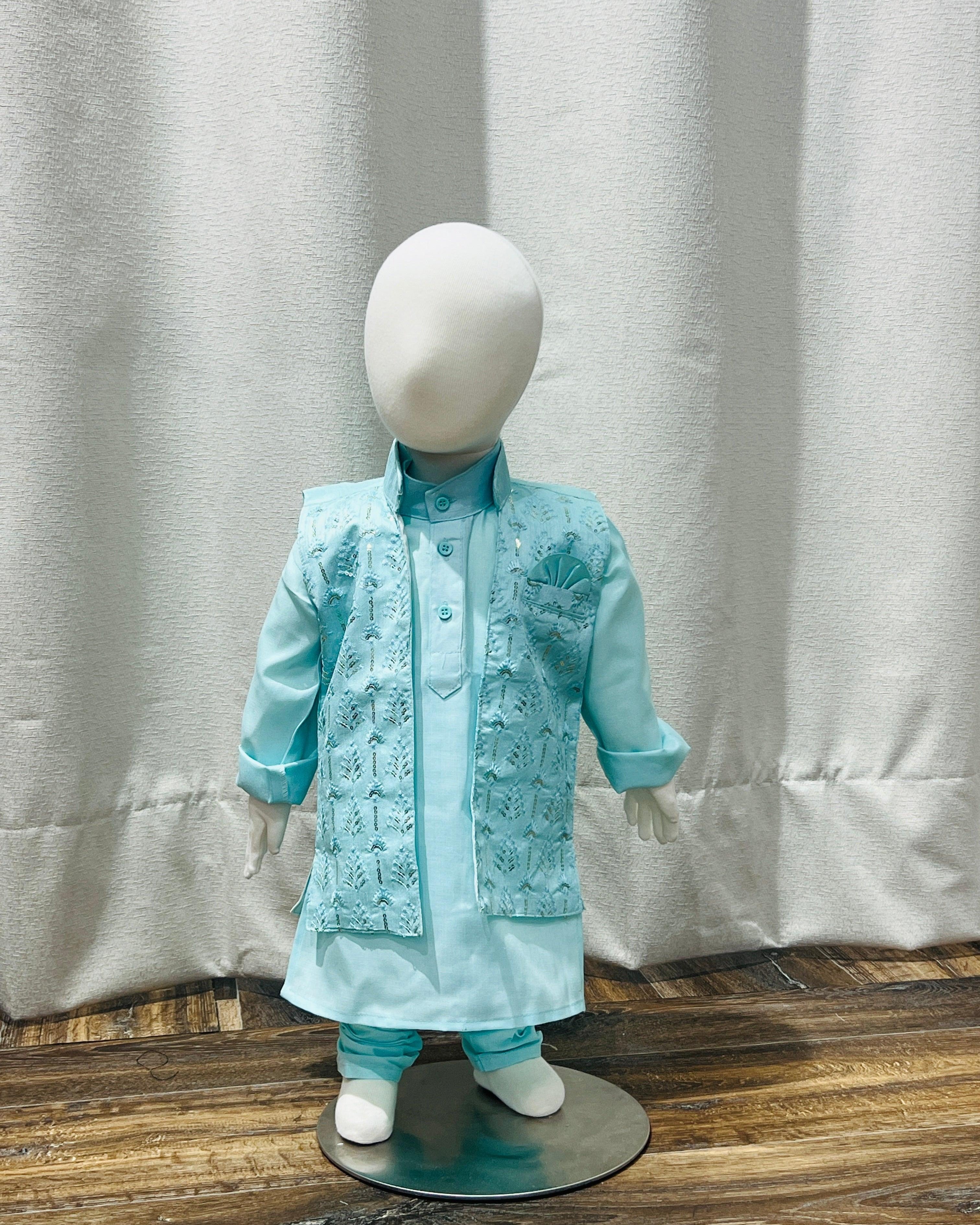 Sky Blue Kurta Pajama With Printed Jacket - Boutique Nepal