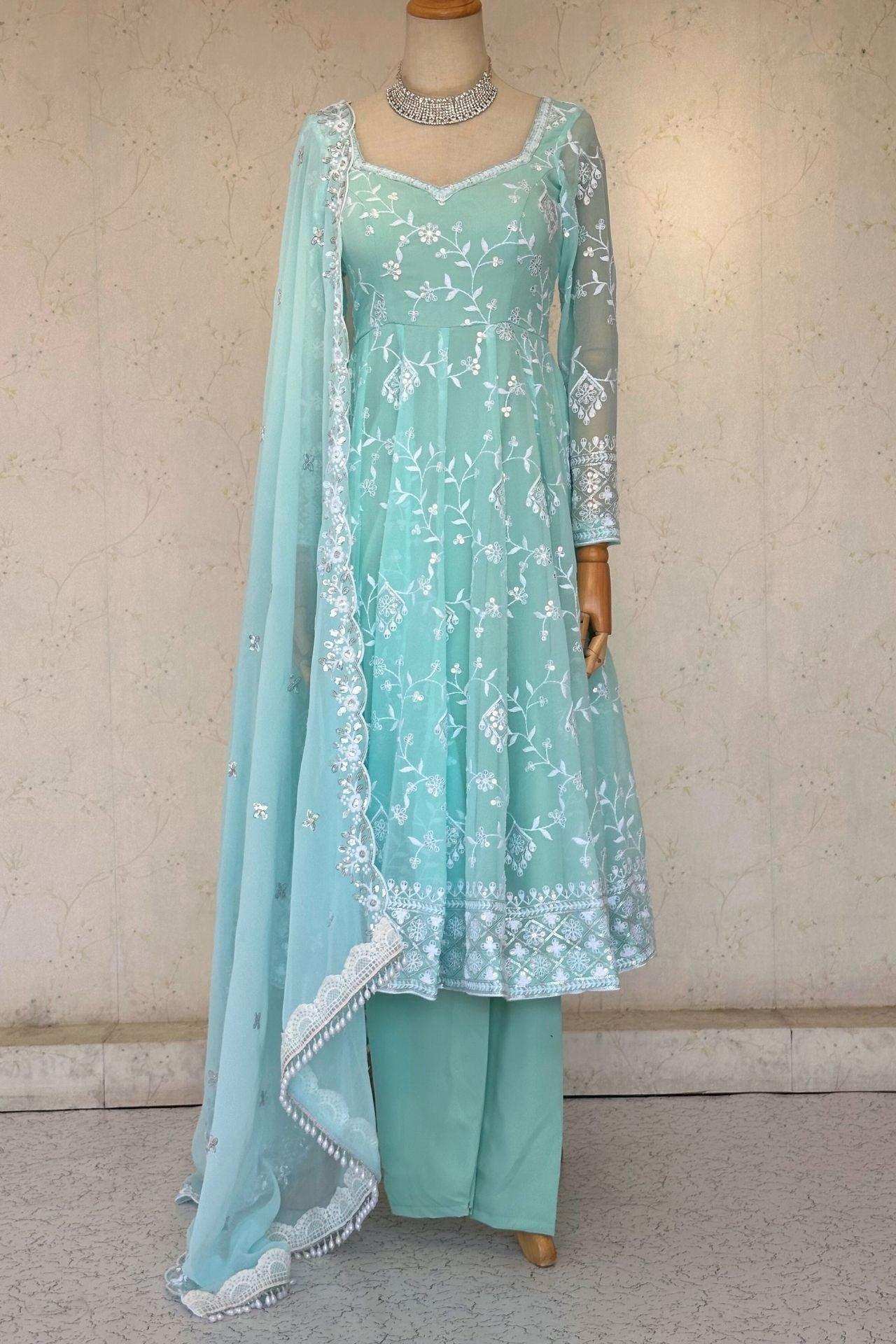 Skyblue Anarkali With Sequence Thread Work - Boutique Nepal