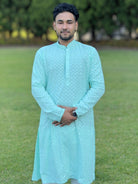 Skyblue Mens Chikankari Kurta Set - Boutique Nepal