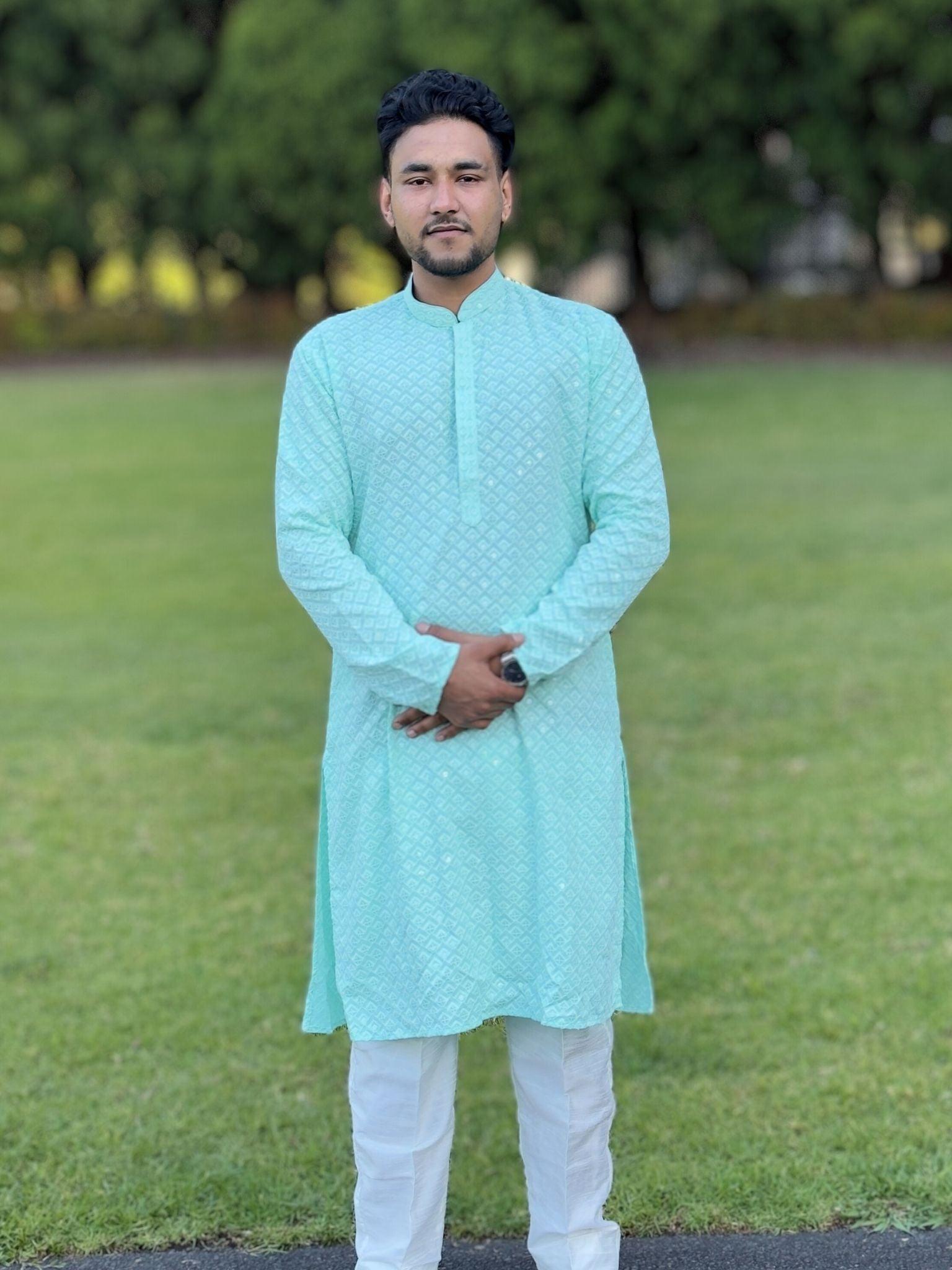 Skyblue Mens Chikankari Kurta Set - Boutique Nepal