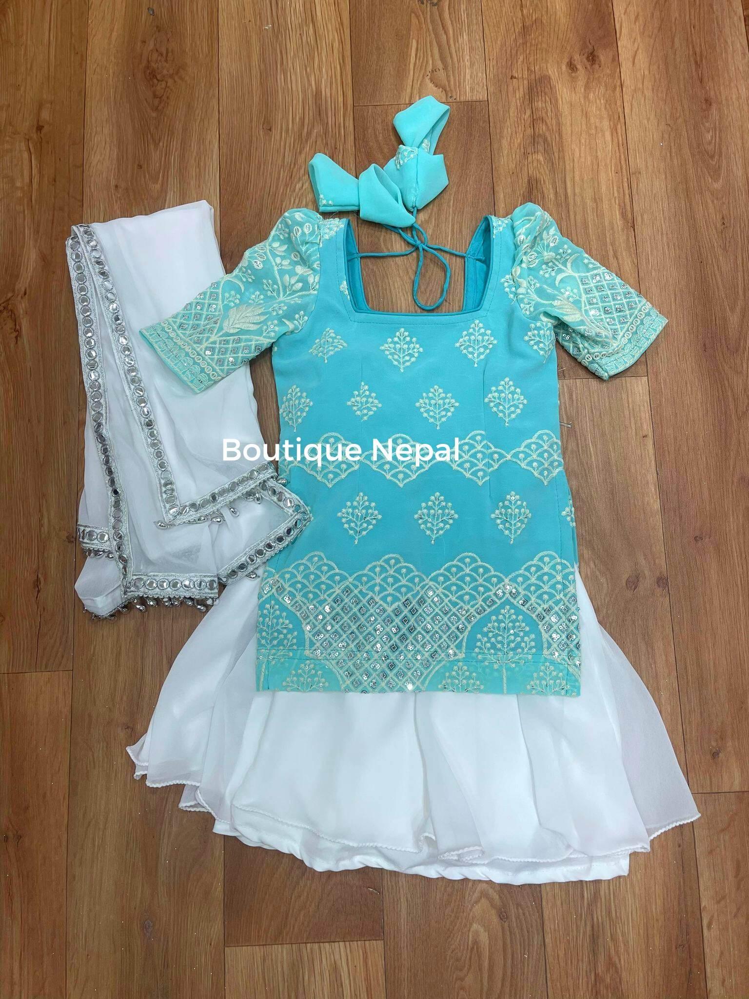 Skyblue Sharara Kurta Set - Boutique Nepal