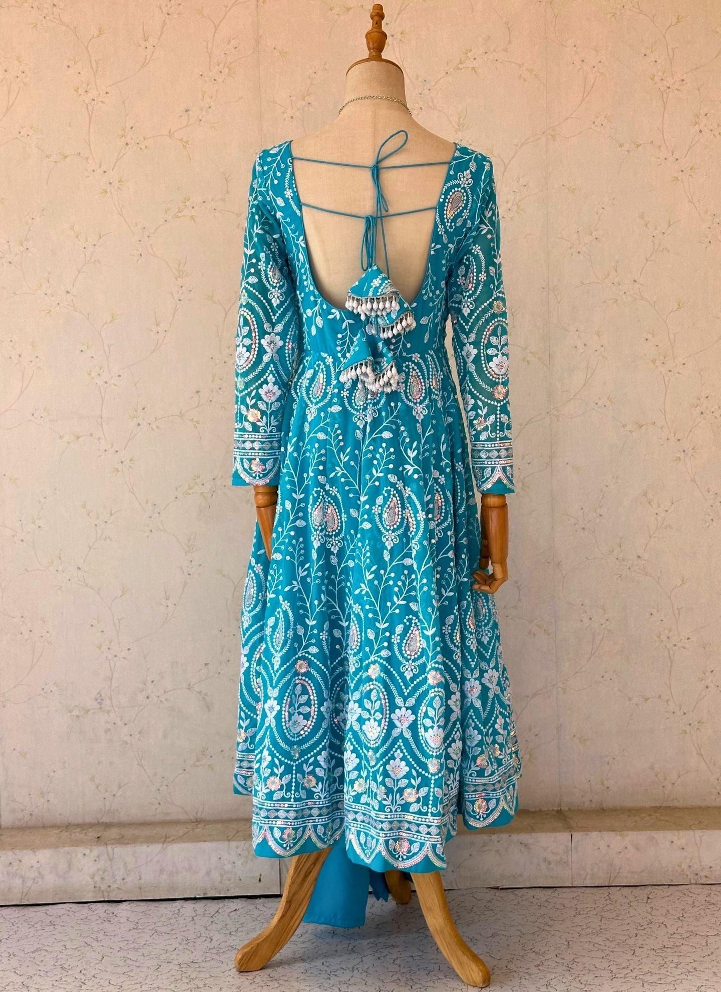 Skyblue Thread Embroidered Anarkali Kurta Set - Boutique Nepal