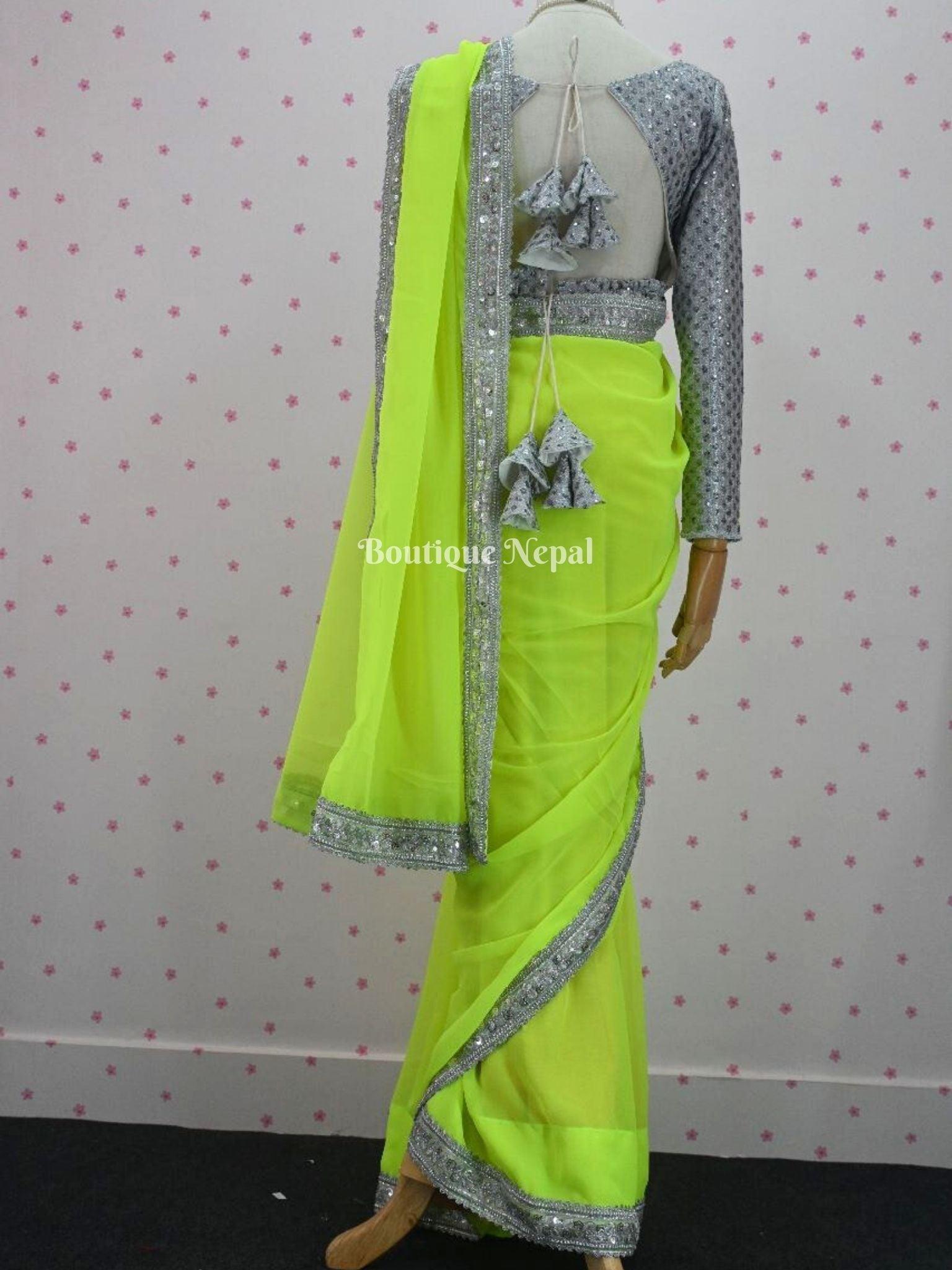 Soft Georgette Saree In Parrotgreen - Boutique Nepal Australia 