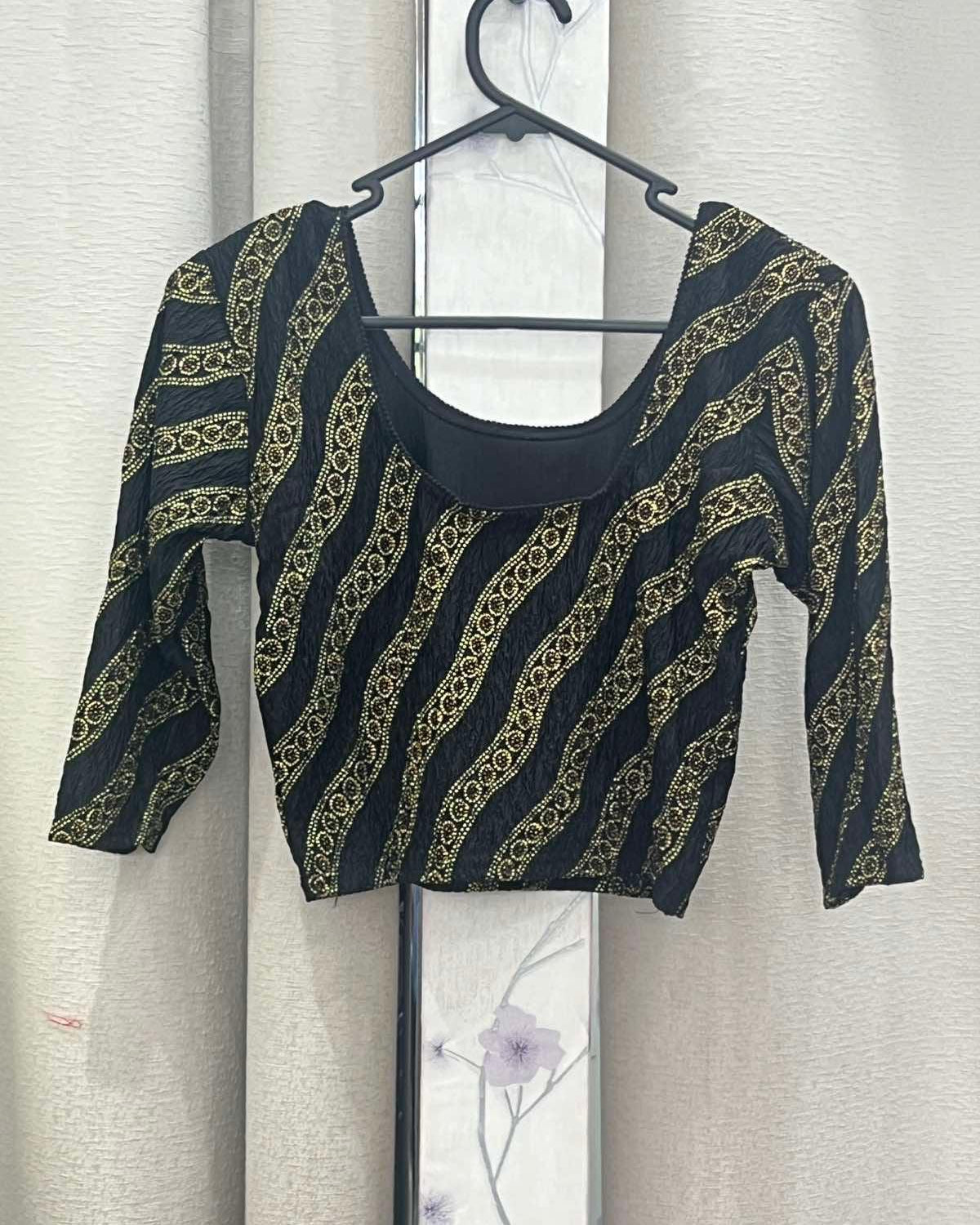 Streachable Blouse in Black with Golden Pattern - Boutique Nepal