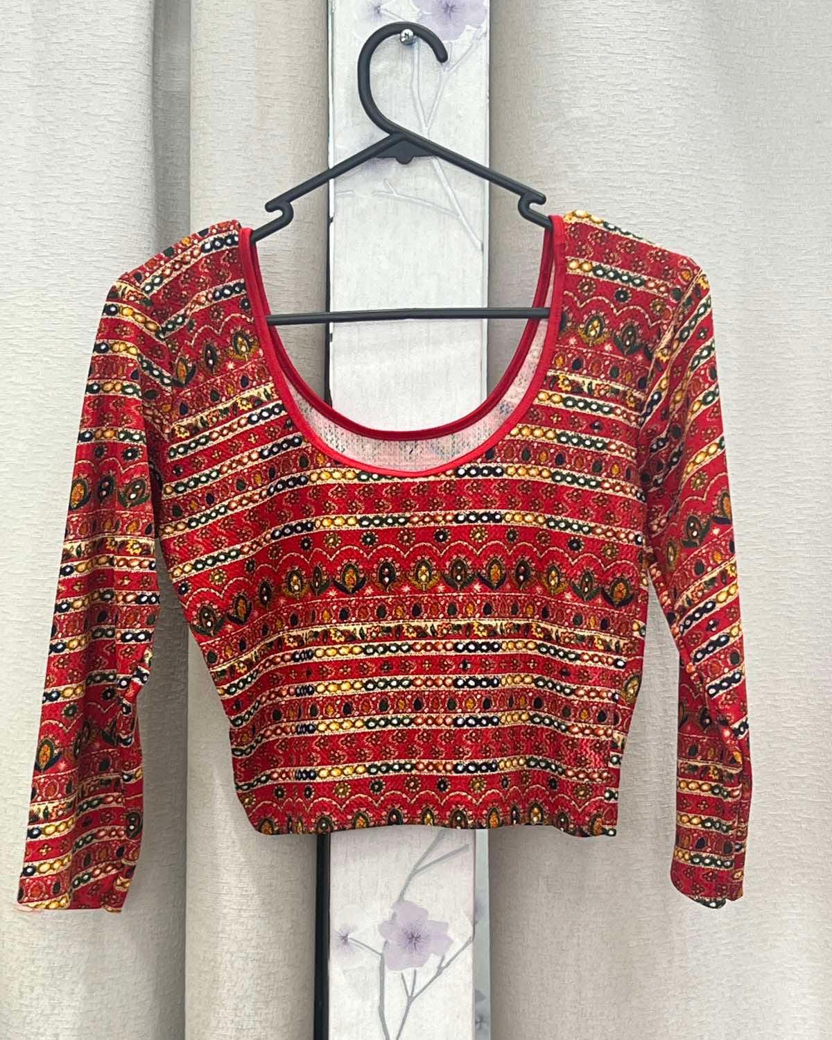 Streachable Blouse in Red Pattern - Boutique Nepal