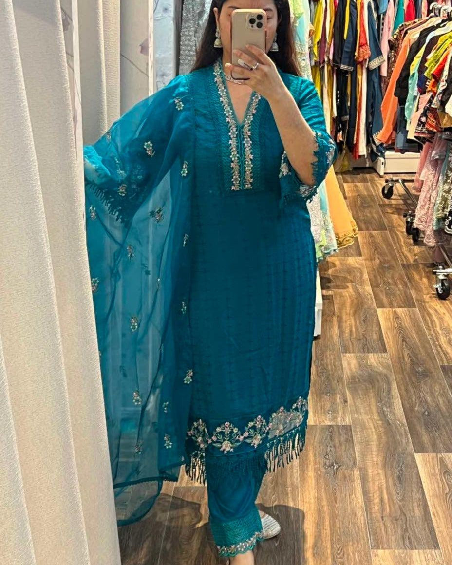 Teal Blue Pakistani kurta Set - Boutique Nepal